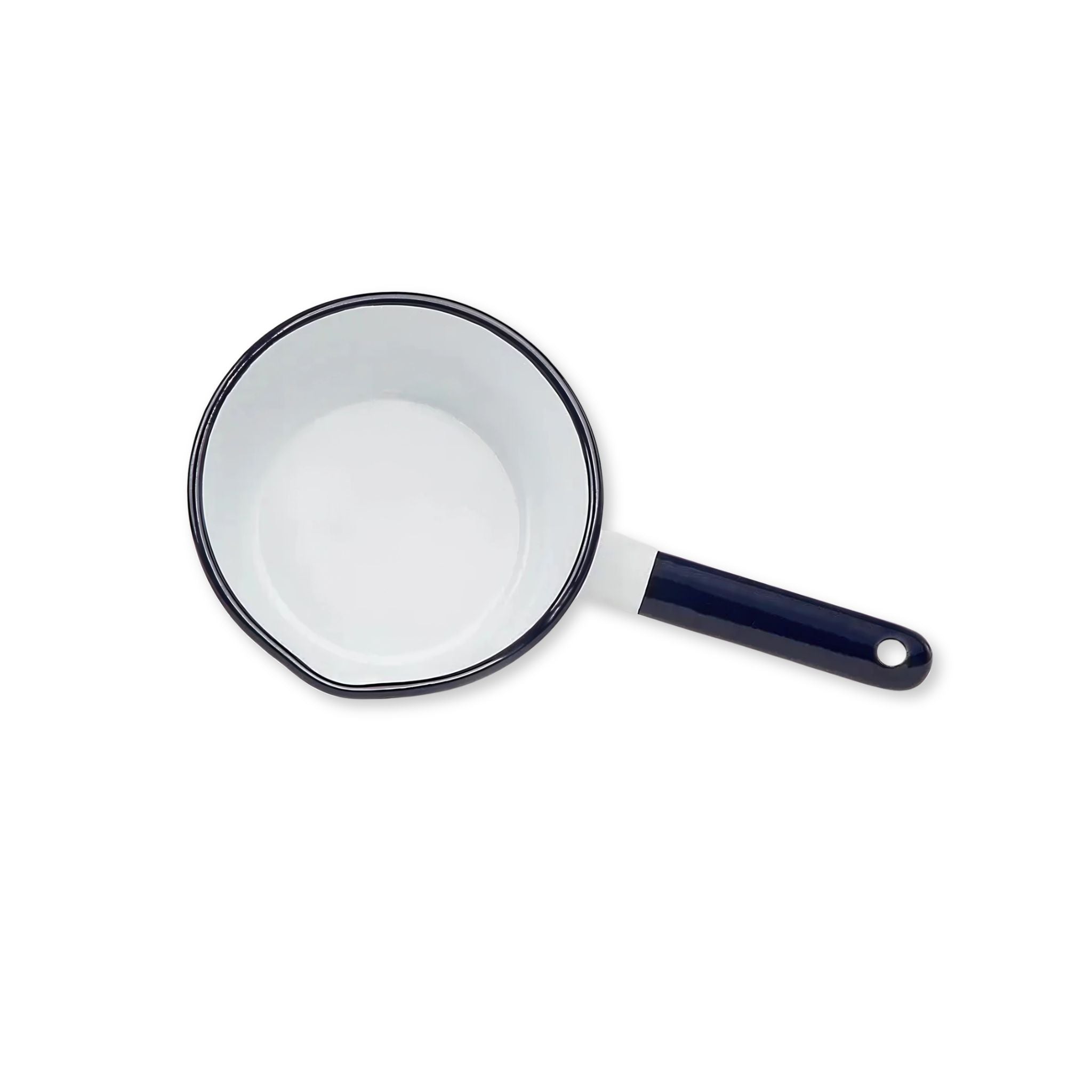 White enamel saucepan with a blue handle and rim on a white background