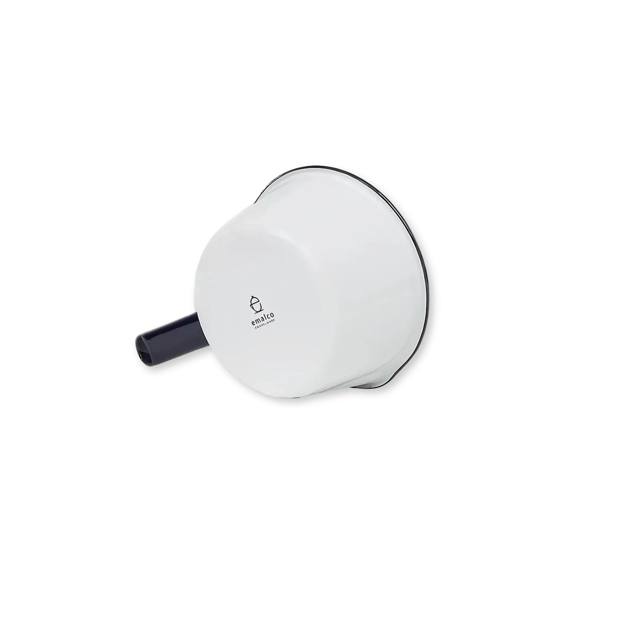 Bottom view of white enamel saucepan with a blue handle and rim on a white background