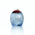 Blue glass wind chime with a red top on a white background