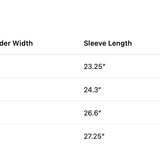 Measurement chart for clothing sizes S, M, L, and XL with details on chest, shoulder width, sleeve length, body length, and hem width.