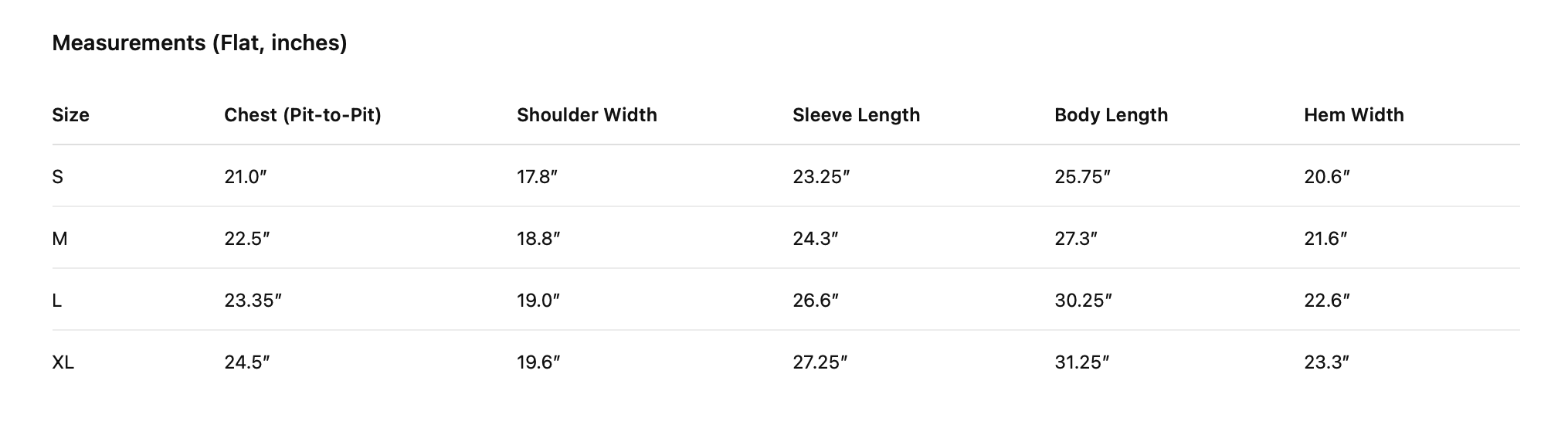 Measurement chart for clothing sizes S, M, L, and XL with details on chest, shoulder width, sleeve length, body length, and hem width.