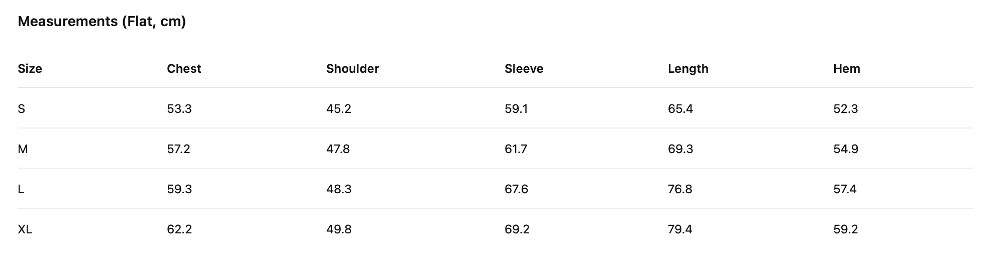 Measurement chart for clothing sizes S, M, L, and XL with details on chest, shoulder, sleeve, length, and hem measurements.