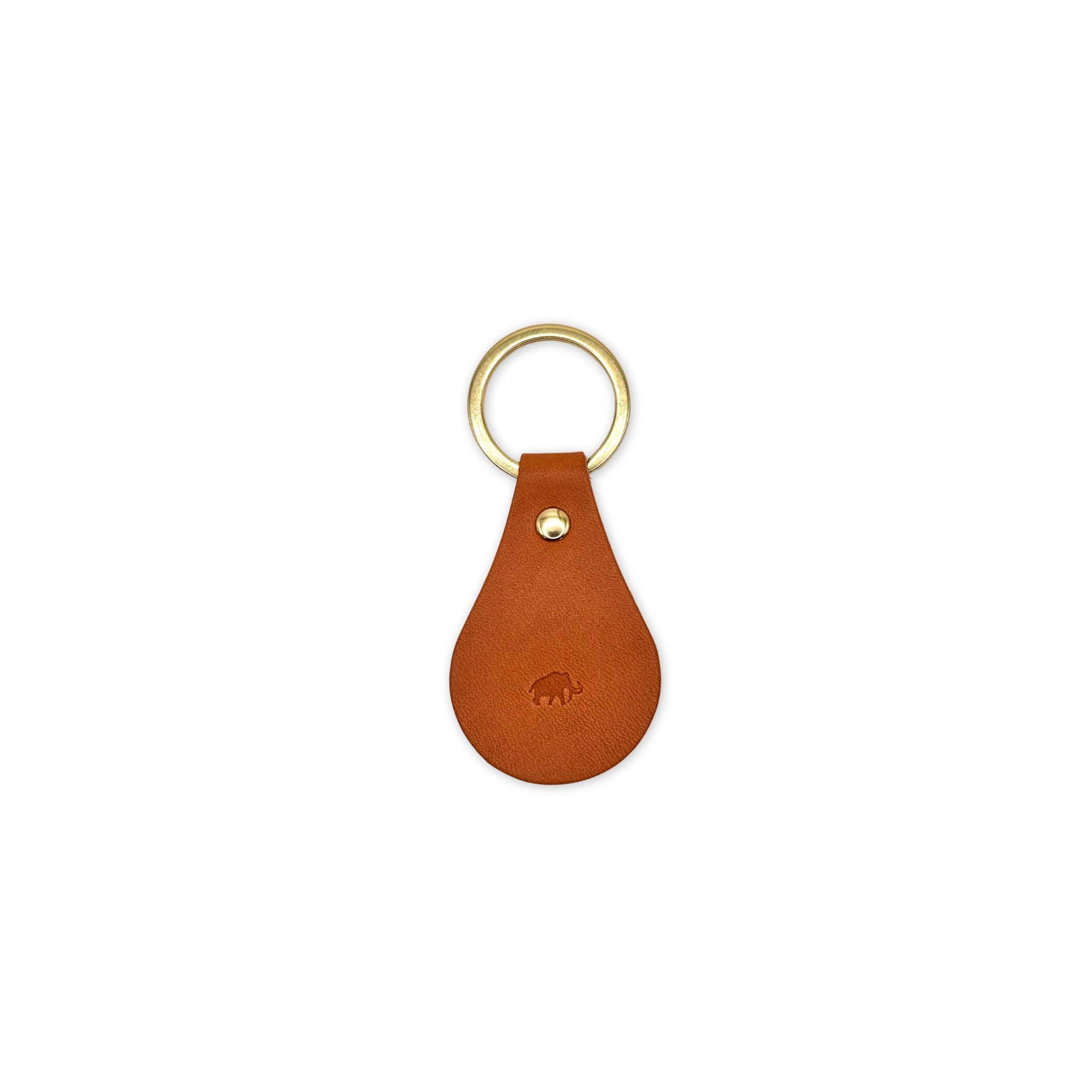 Brown leather keychain with gold ring on a white background