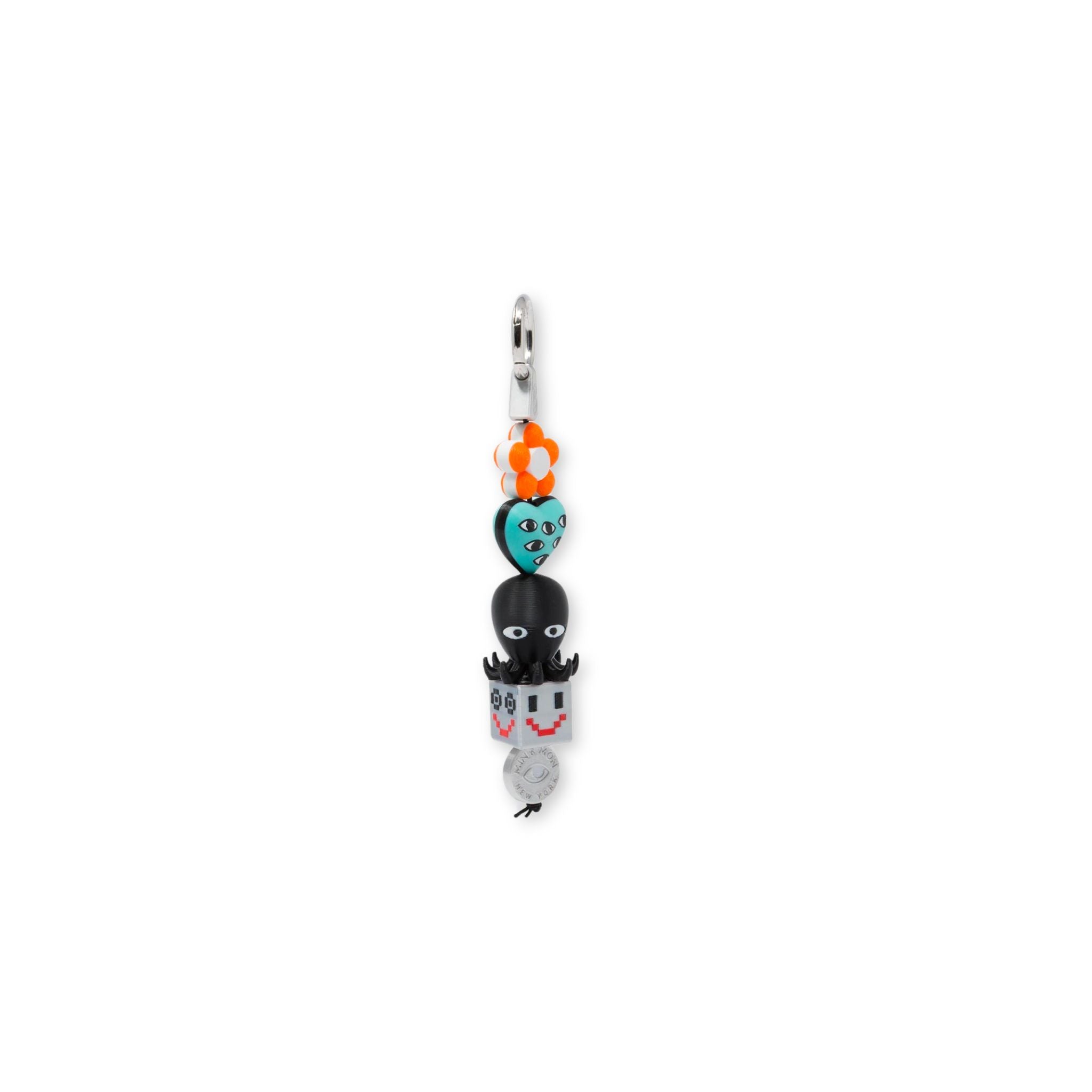 Min & Mon's Bloomoo Charm - Orange and Blue 3D Printed Bioplastic Keychain on a white background