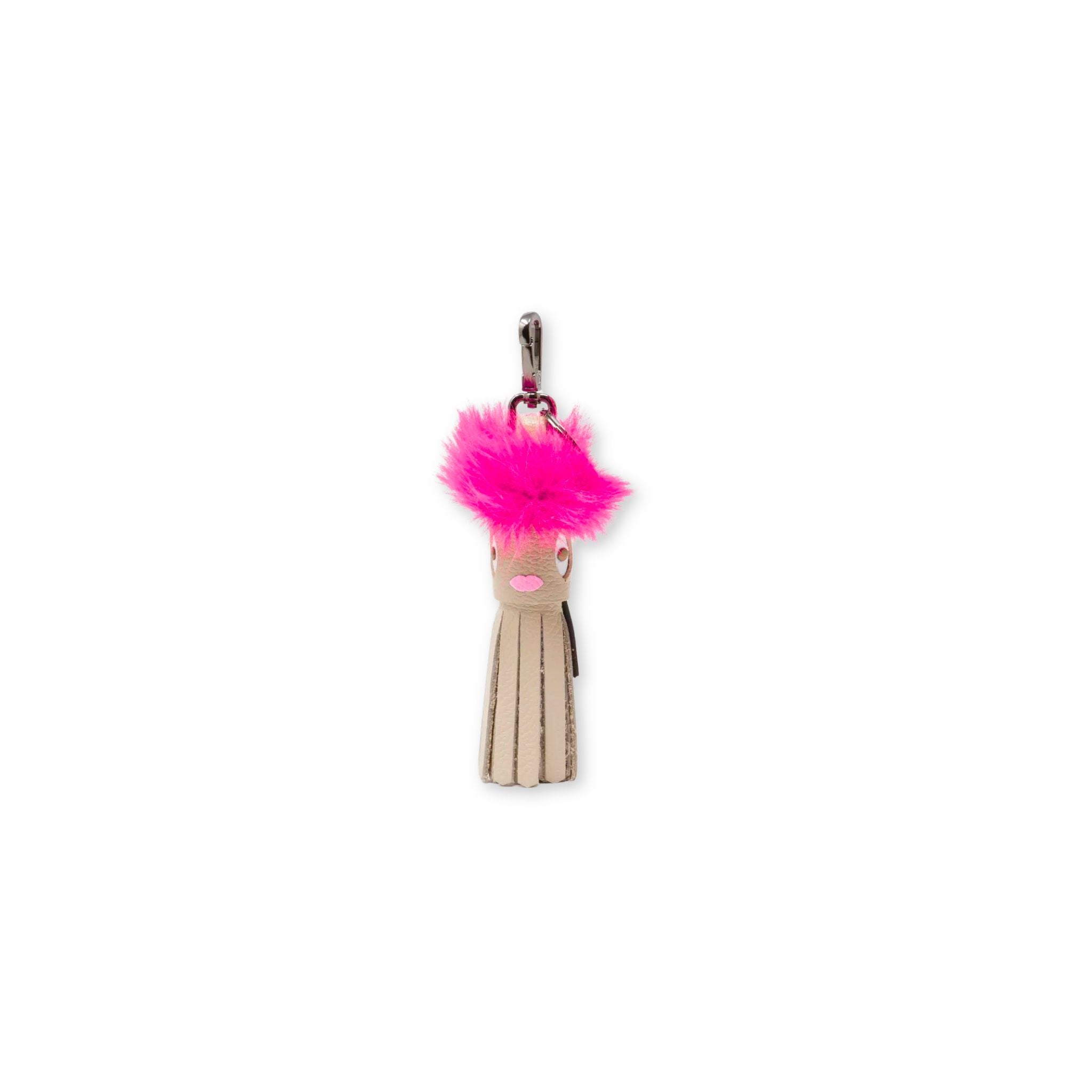 Min & Mon's Callie Marie Mayne - Beige Leather and Fucshia Faux Fur tassle on a white background