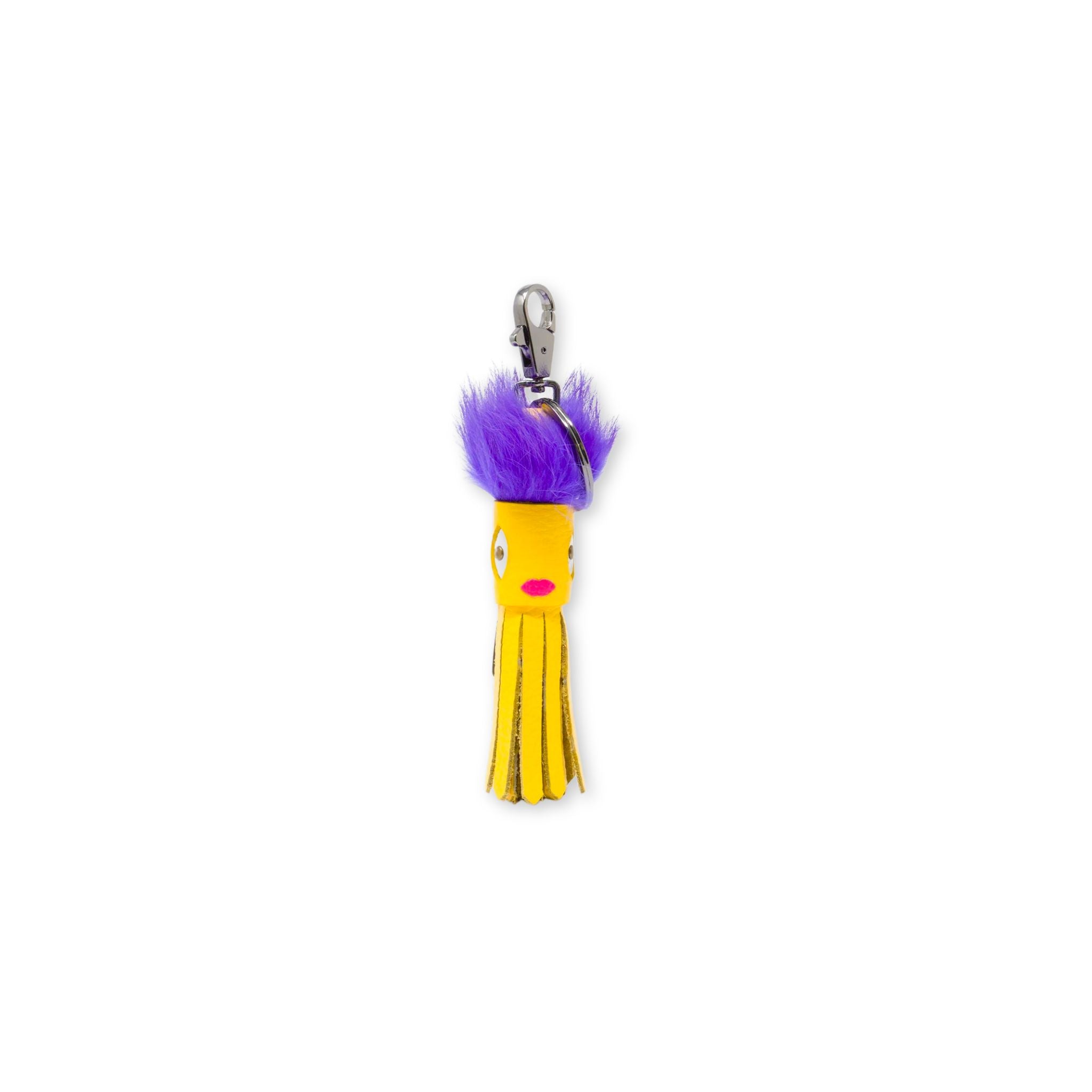 Min & Mon's Markets - Callie Marie Mayne - Light Yellow Leather and Purple Fur Keychain on a white background