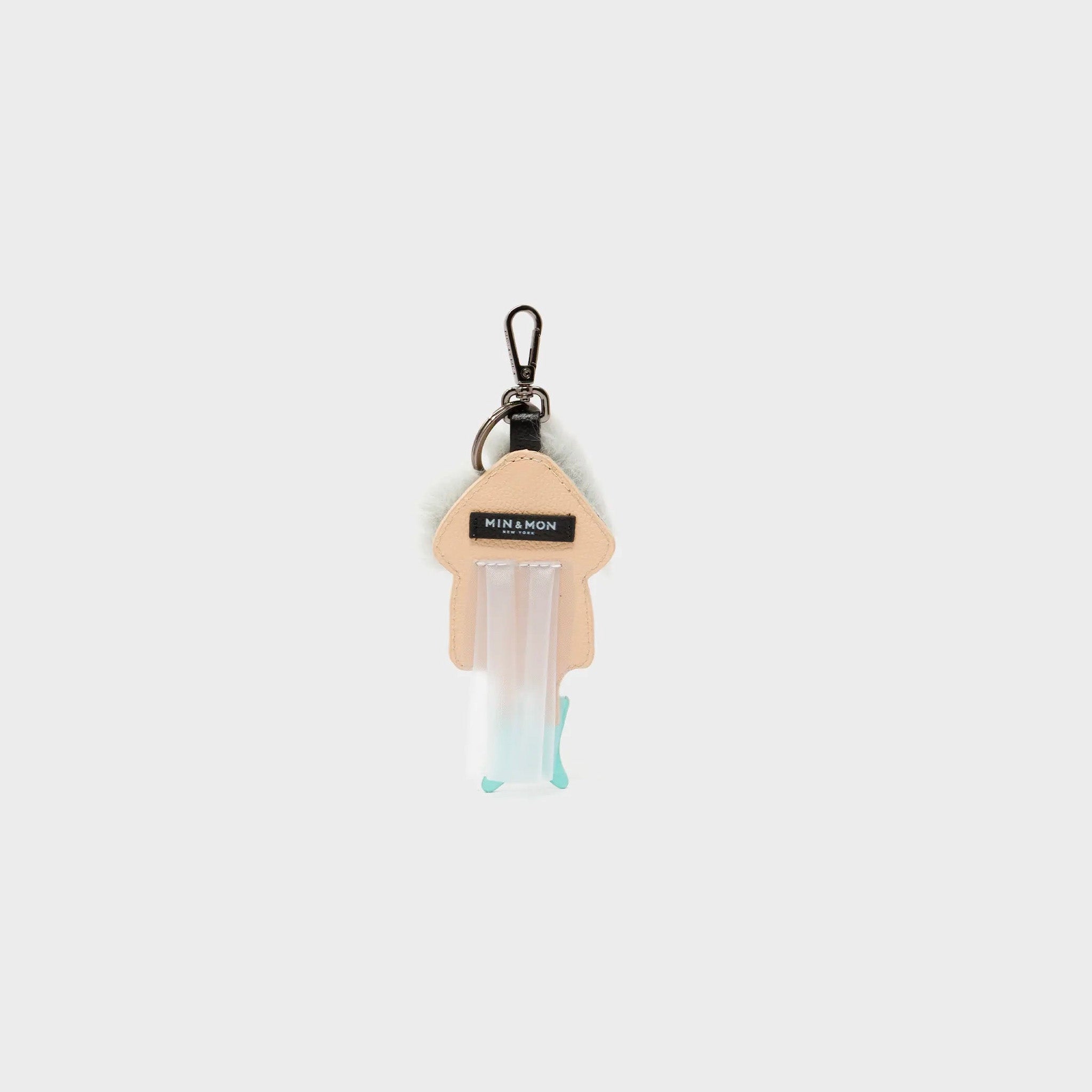 Back of Min & Mon's Monster Charm - Gray Faux Fur and Aquatic Blue Leather Boots on a white background