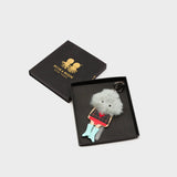 Min & Mon's Monster Charm - Gray Faux Fur and Aquatic Blue Leather Boots in its retail packaging box