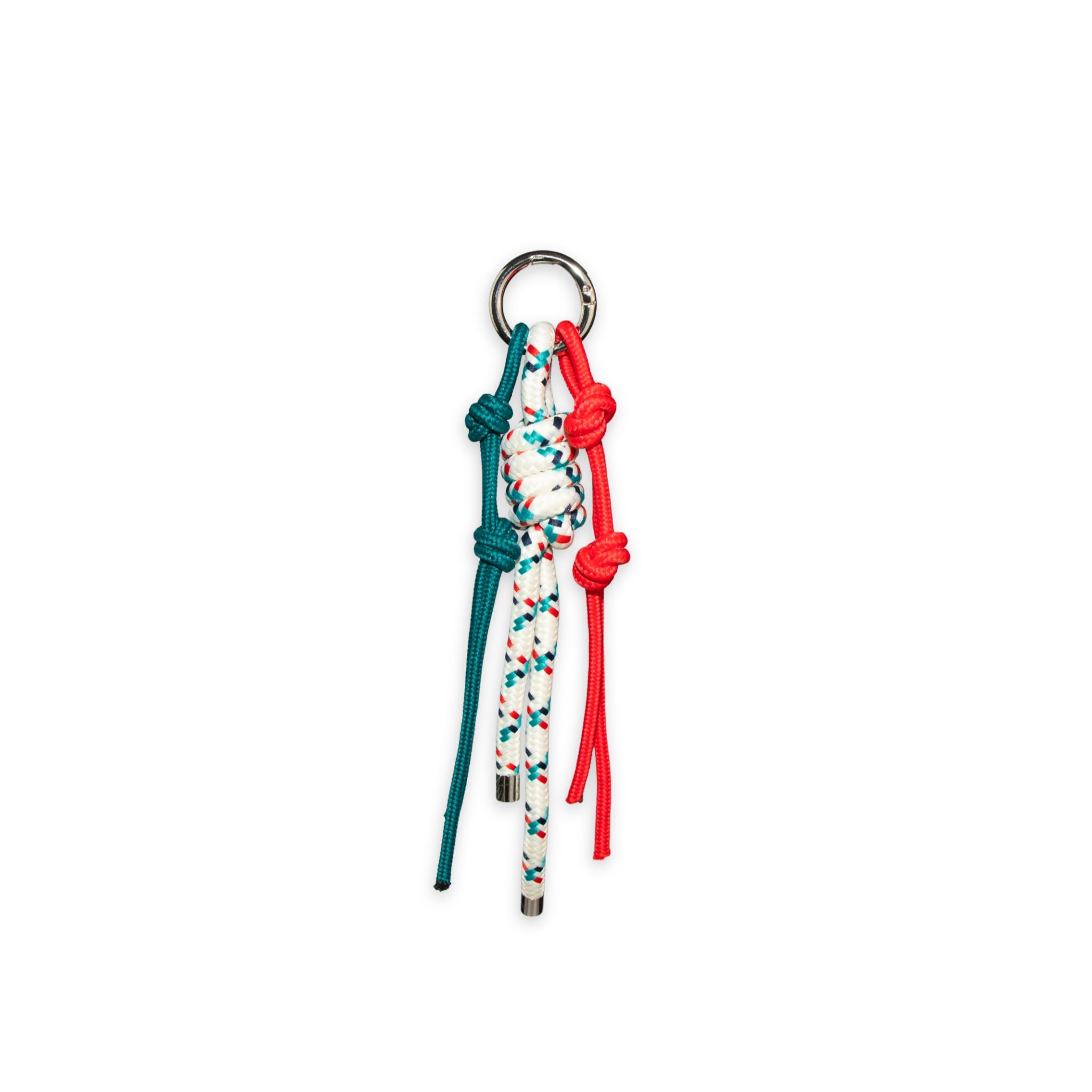 3 Rope Type bag charm or keychain in colors teal, red and white with print