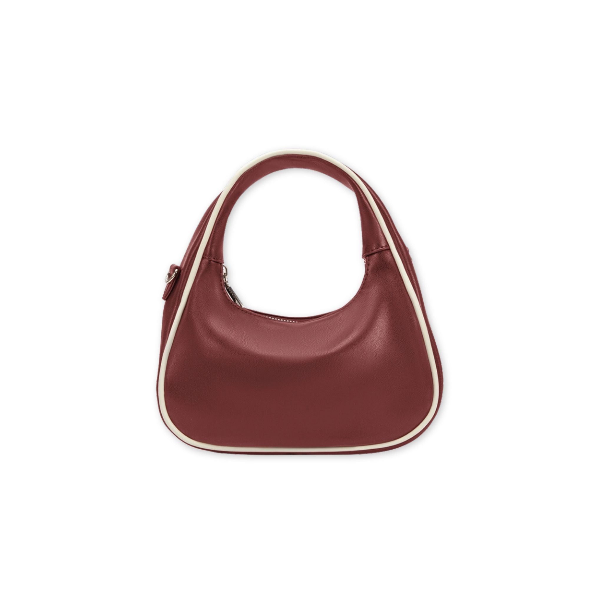 Burgundy handbag with white trim on a white background