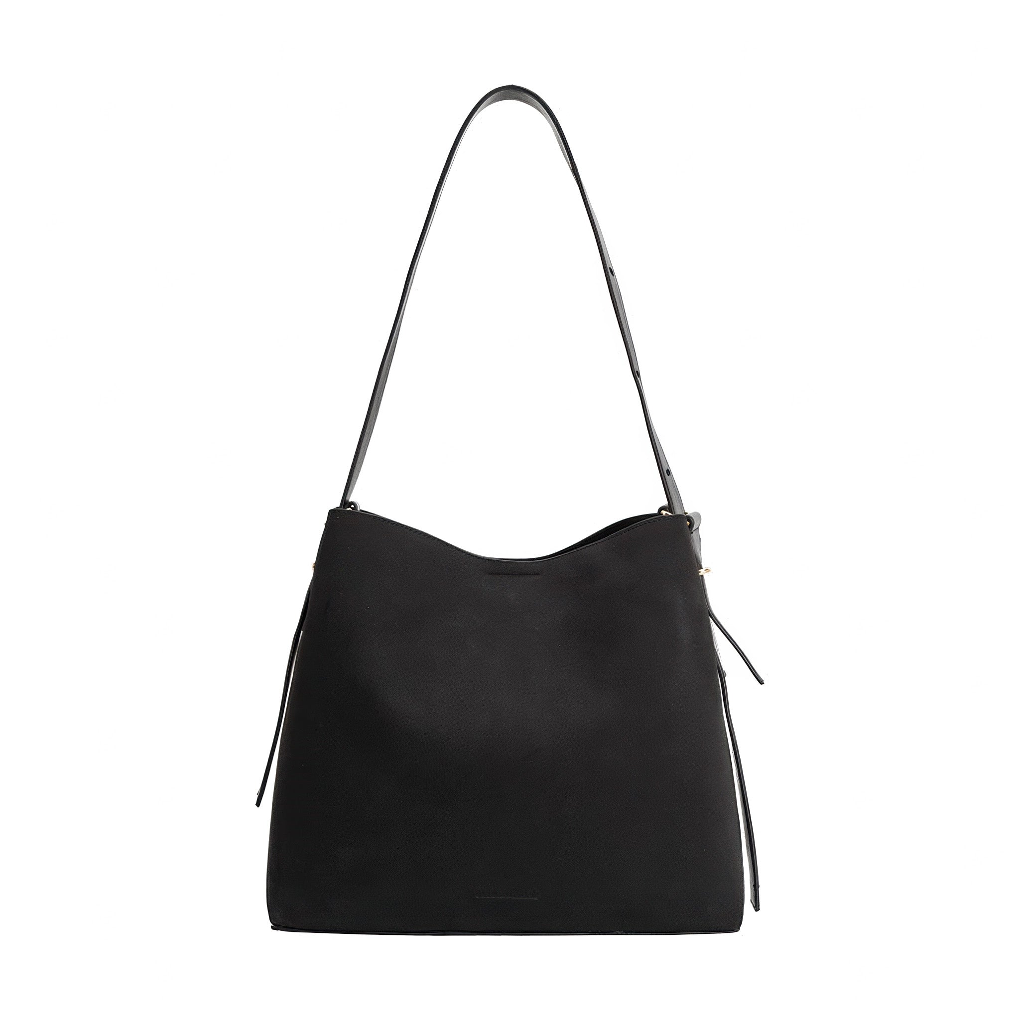 Back of Melie Bianco's Stormie Recycled Vegan Suede Tote in black on a white background