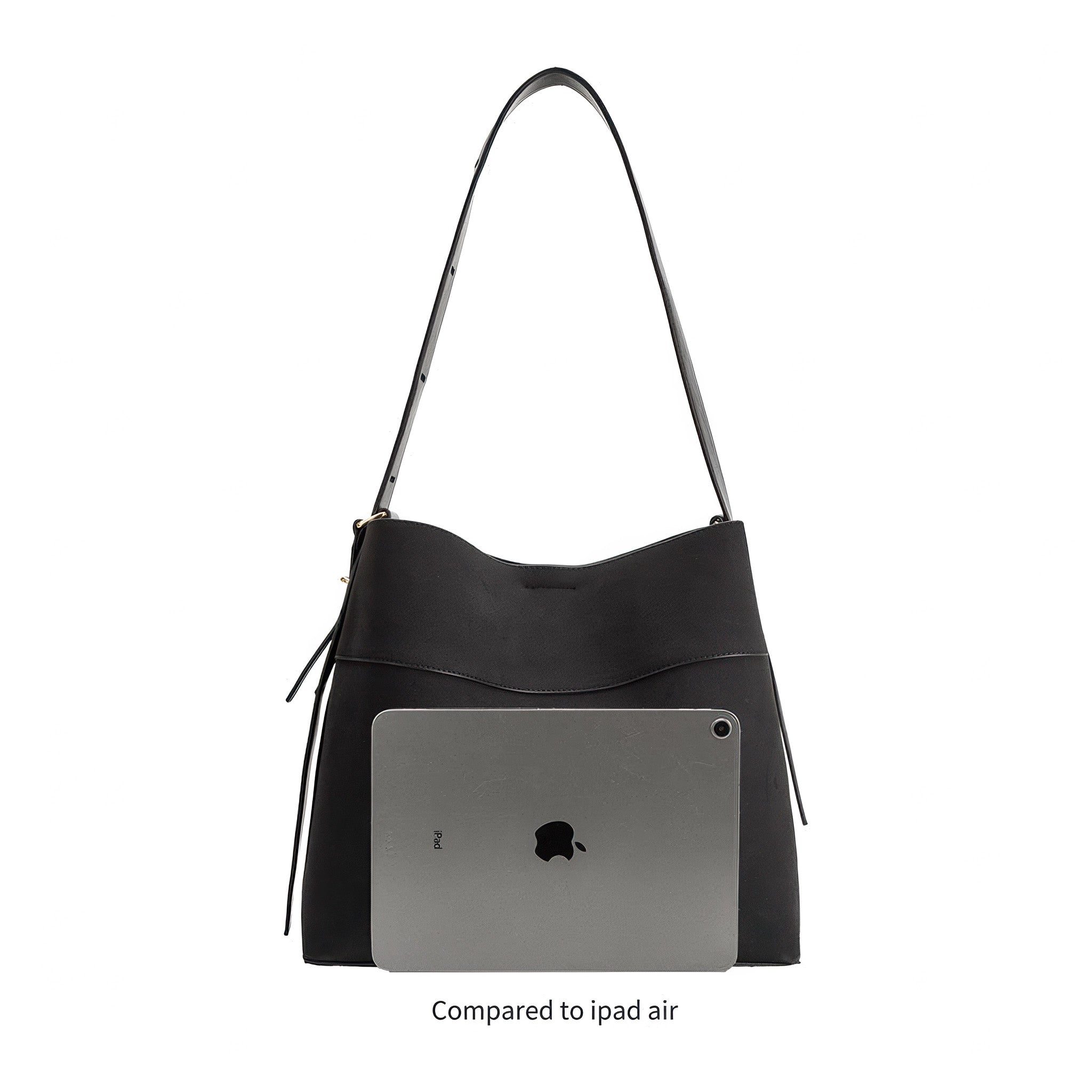 Melie Bianco's Stormie Recycled Vegan Suede Tote in black size comparison to an ipad air