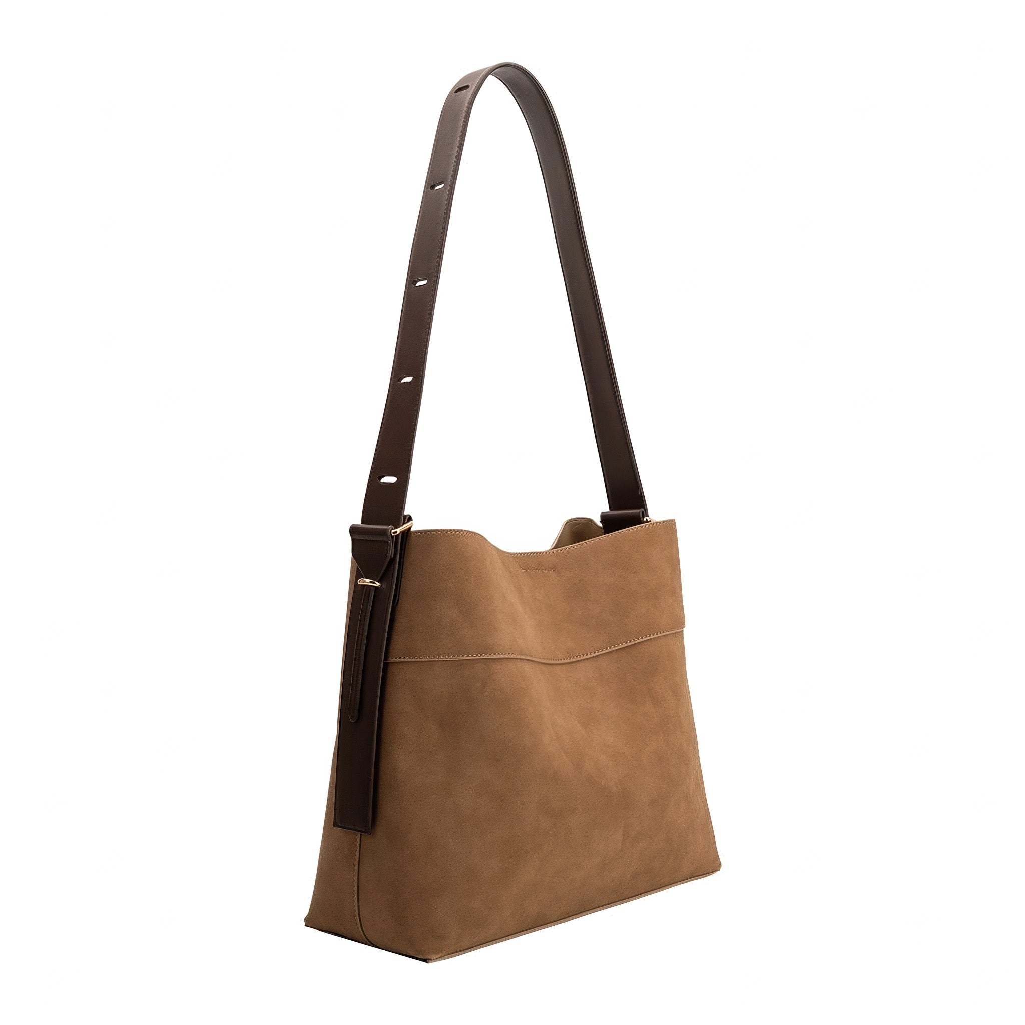 Melie Bianco's Stormie Recycled Vegan Suede Tote in mocha on a white background