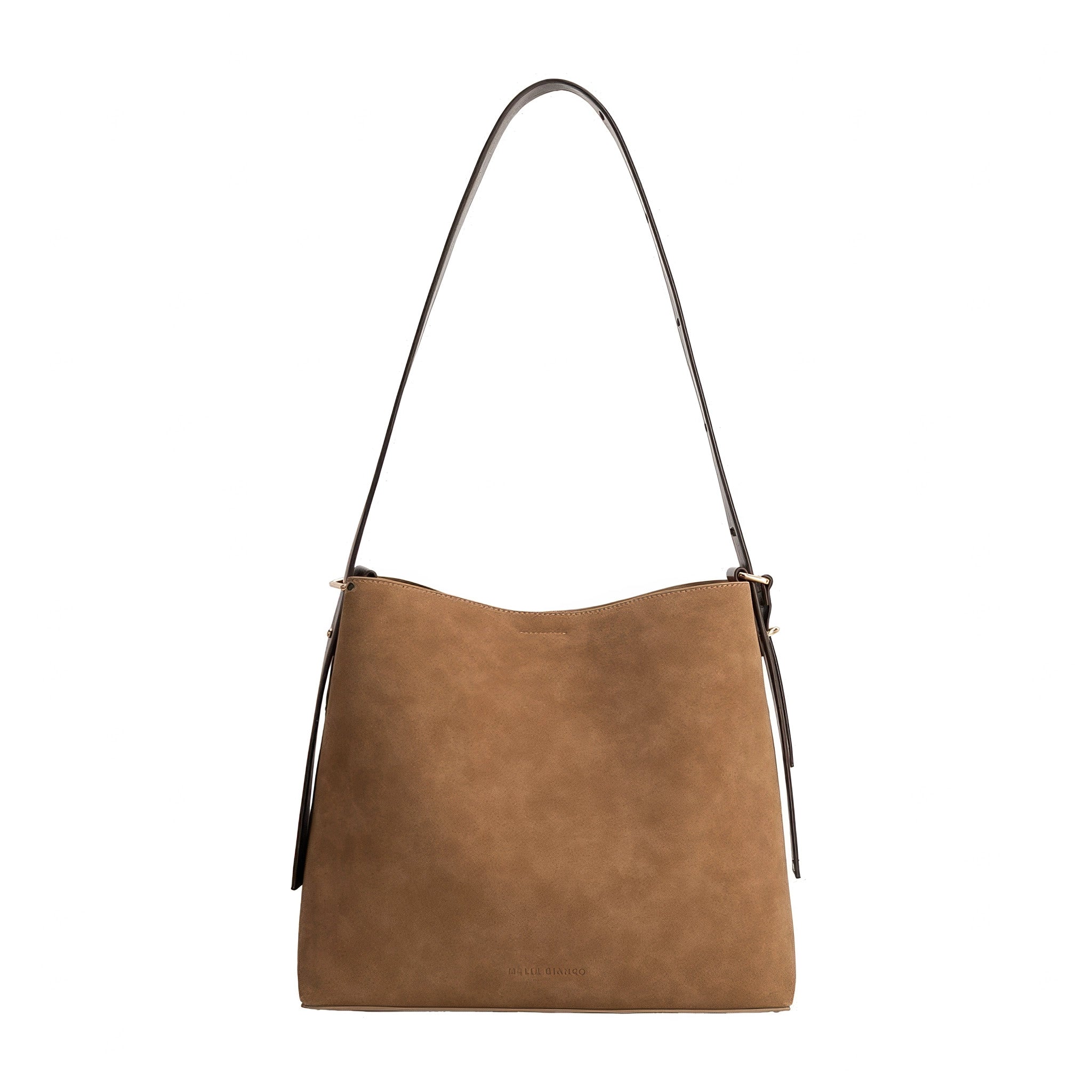Melie Bianco's Stormie Recycled Vegan Suede Tote in mocha on a white background