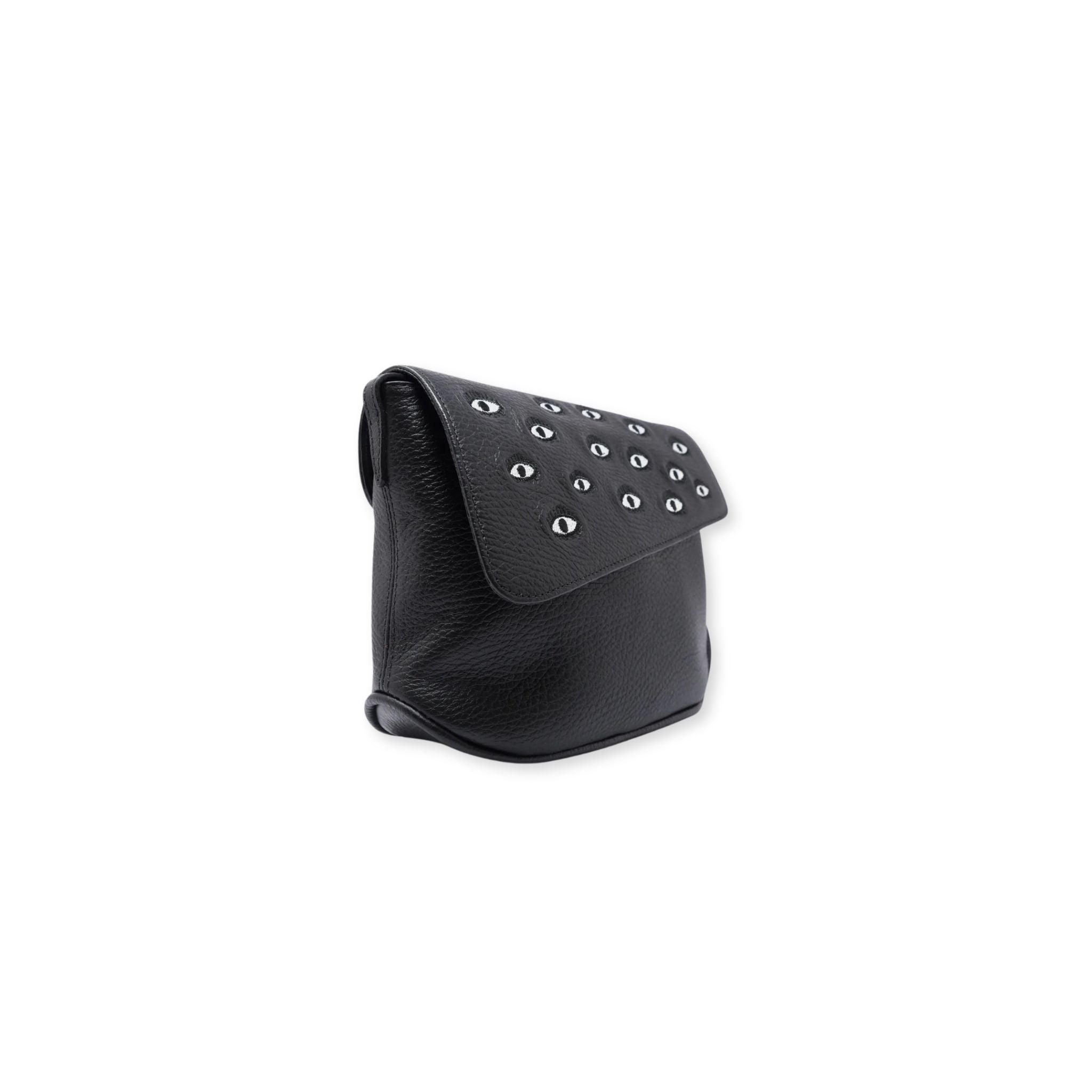 Black leather crossbody bag with eye embroidery on a white background