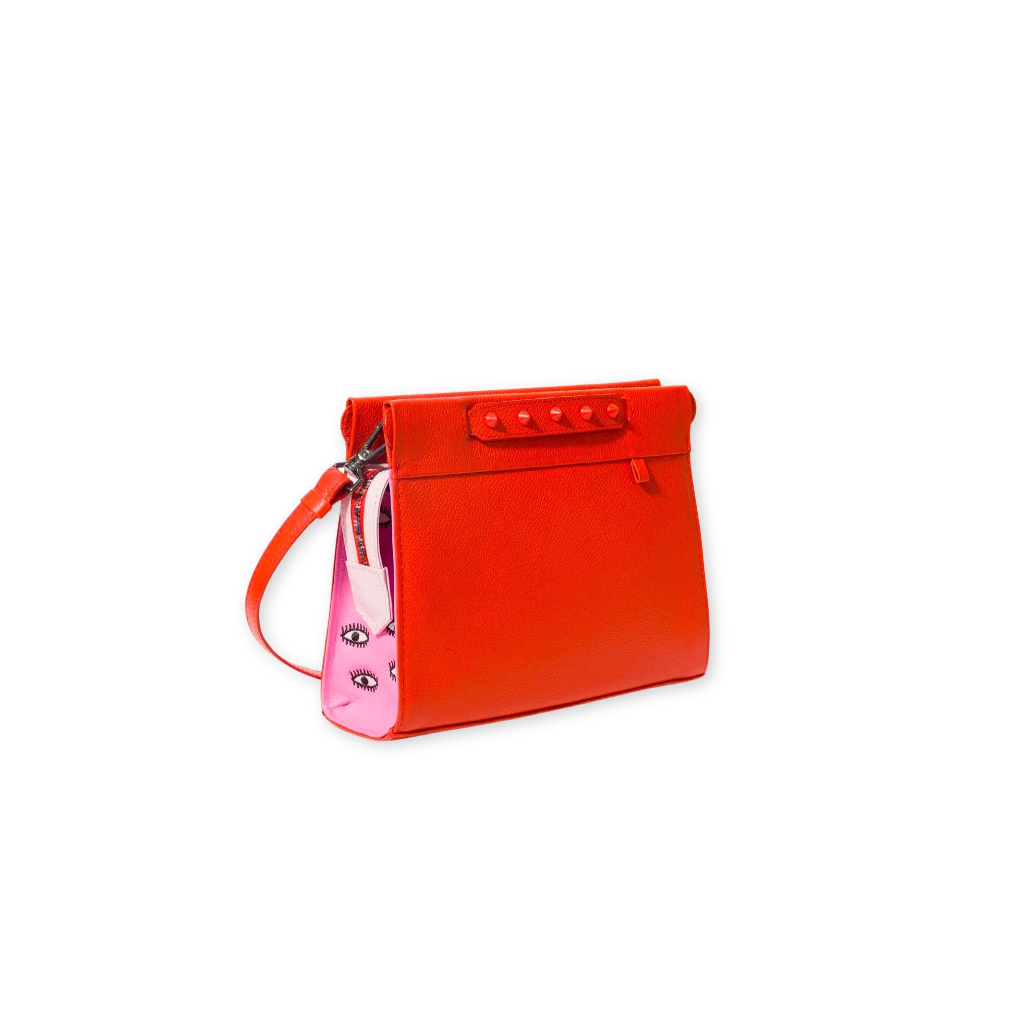 Min & Mon's Vali Crossbody Small Fiesta Red and Bubblegum Pink Leather Bag - All Over Eyes Embroidery on a white background