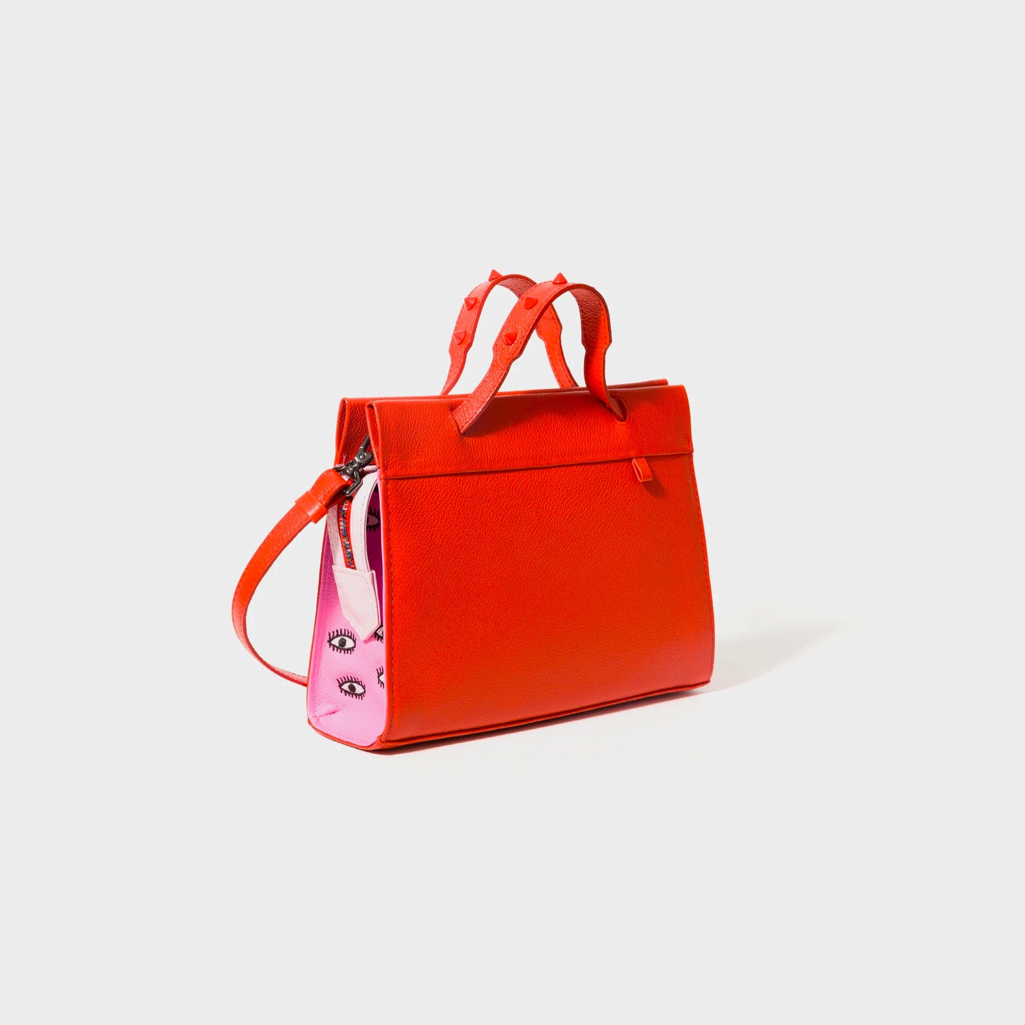 Min & Mon's Vali Crossbody Small Fiesta Red and Bubblegum Pink Leather Bag - All Over Eyes Embroidery