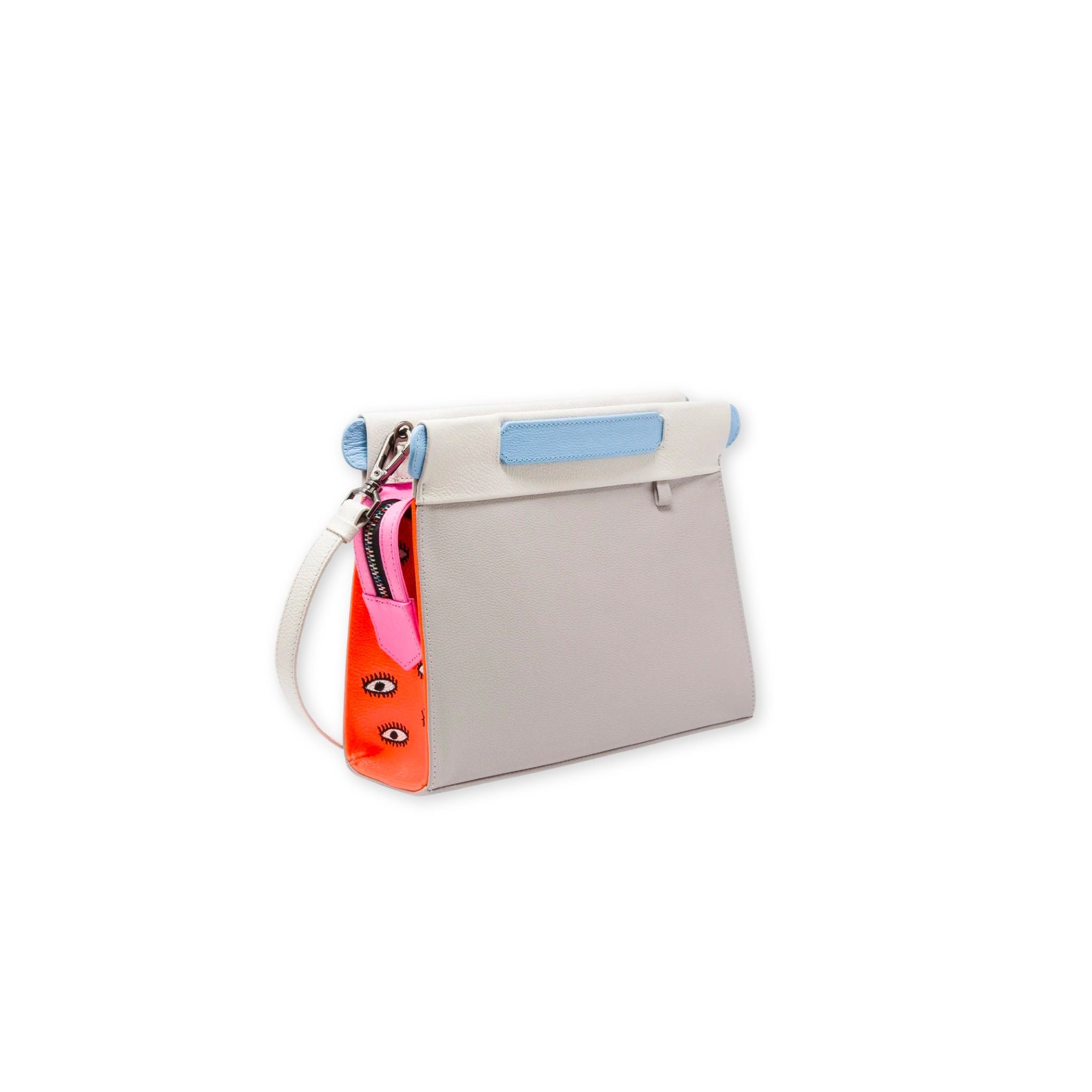 Min & Mon's Vali Crossbody Small Gray Leather Bag - All Over Eyes Embroidery on a white background
