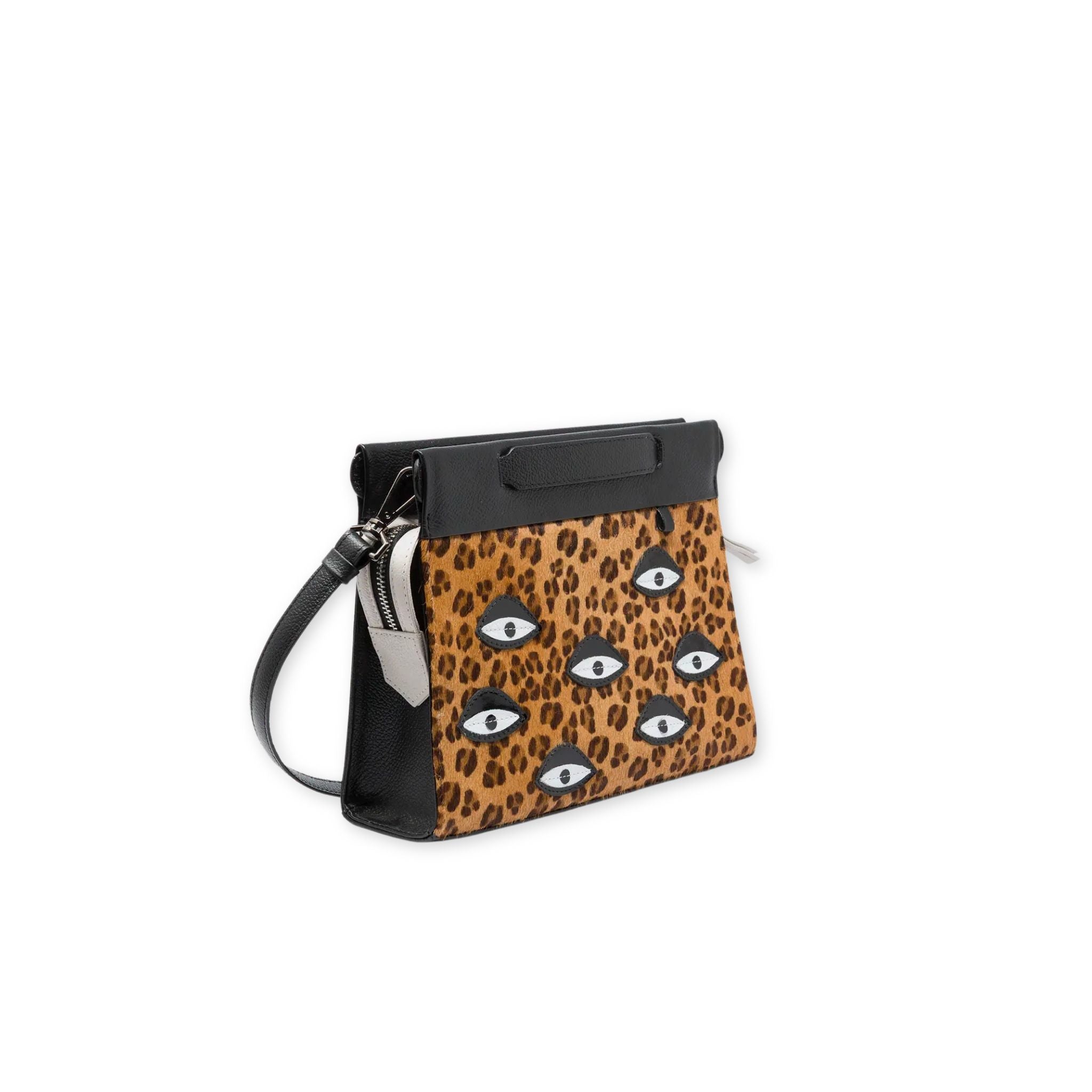 Min & Mon's Vali Crossbody Small Animal Print Leather Bag - Eyes Applique Adjustable Handle on a white background