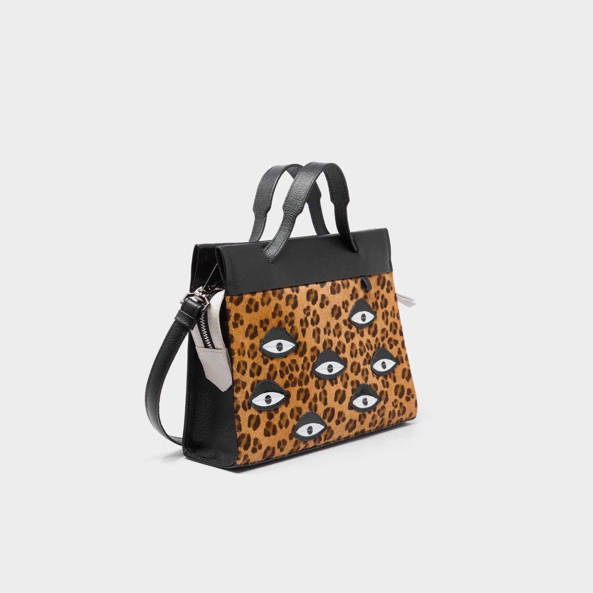 Min & Mon's Vali Crossbody Small Animal Print Leather Bag - Eyes Applique Adjustable Handle