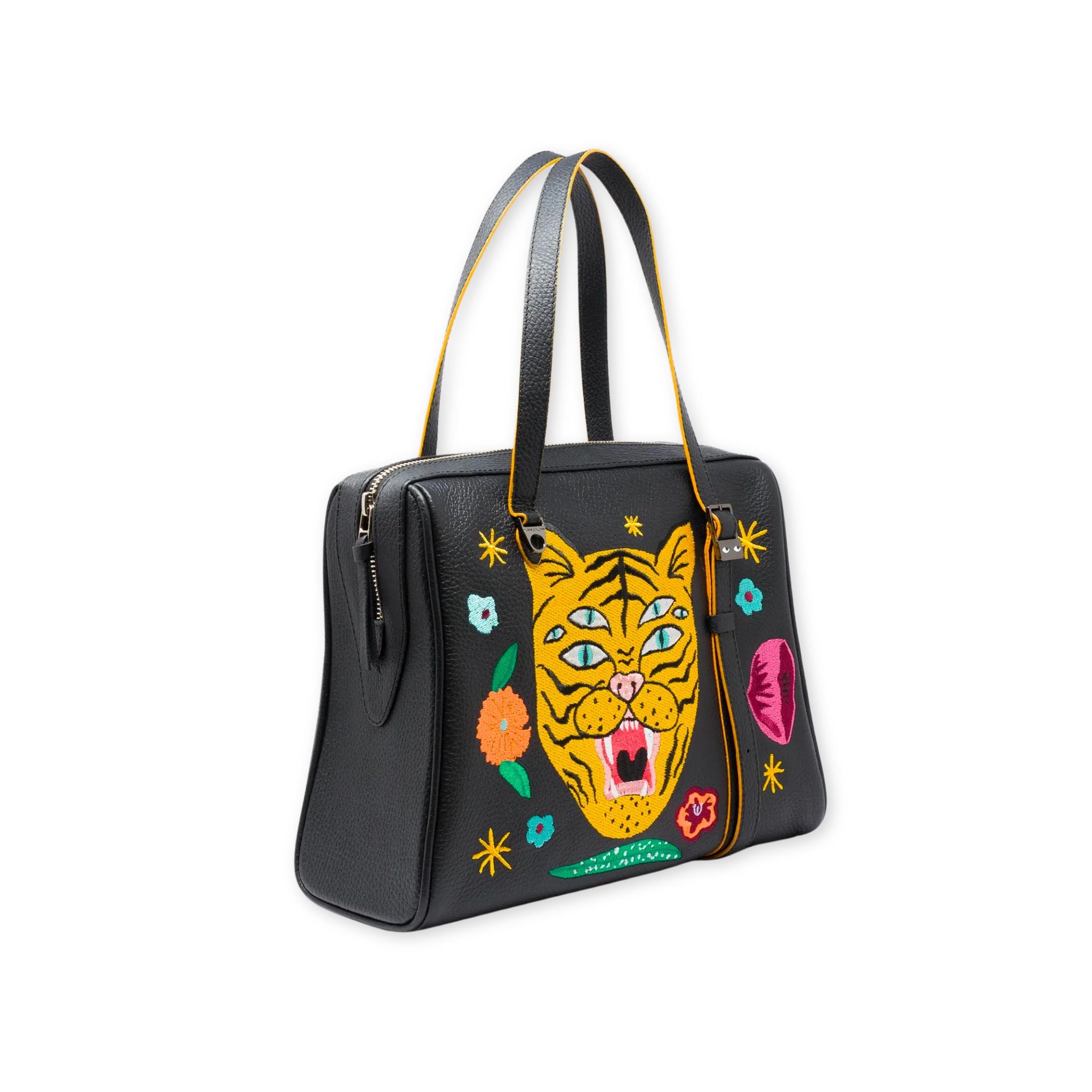 Min & Mon' Esther Black Satchel Bag - Happy Tiger Embroidery on a white background