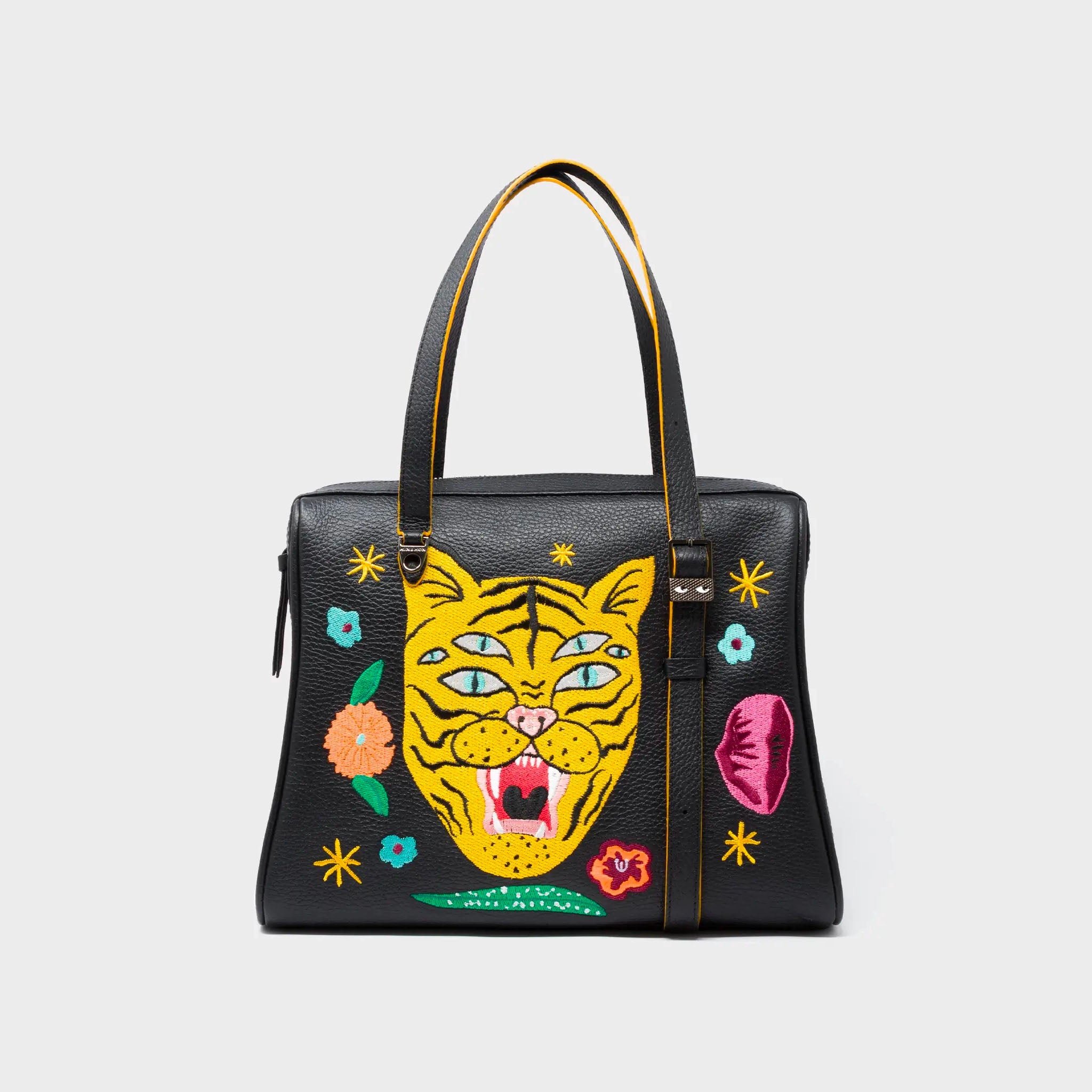 Min & Mon' Esther Black Satchel Bag - Happy Tiger Embroidery on a white background