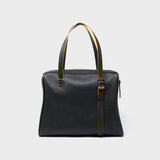 Back of Min & Mon' Esther Black Satchel Bag - Happy Tiger Embroidery on a white background