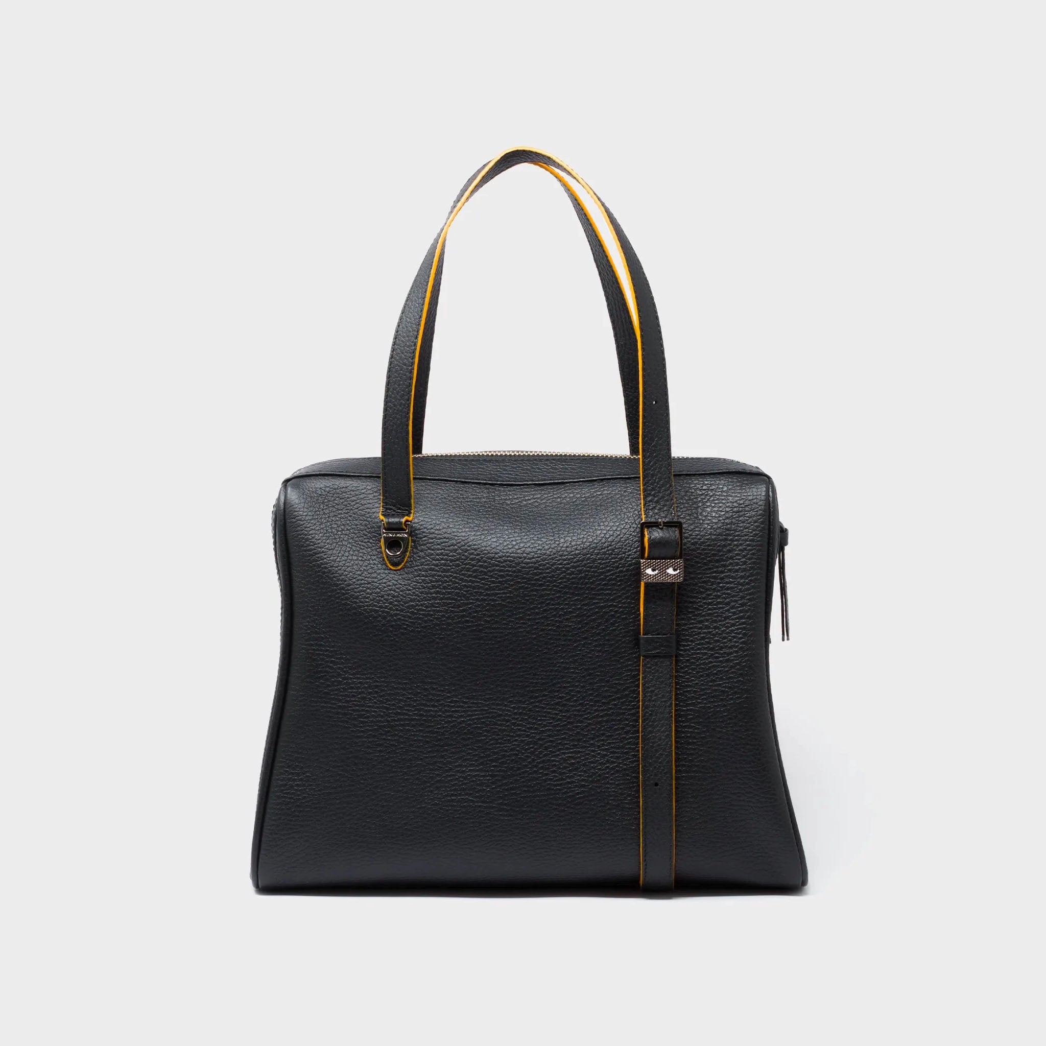 Back of Min & Mon' Esther Black Satchel Bag - Happy Tiger Embroidery on a white background