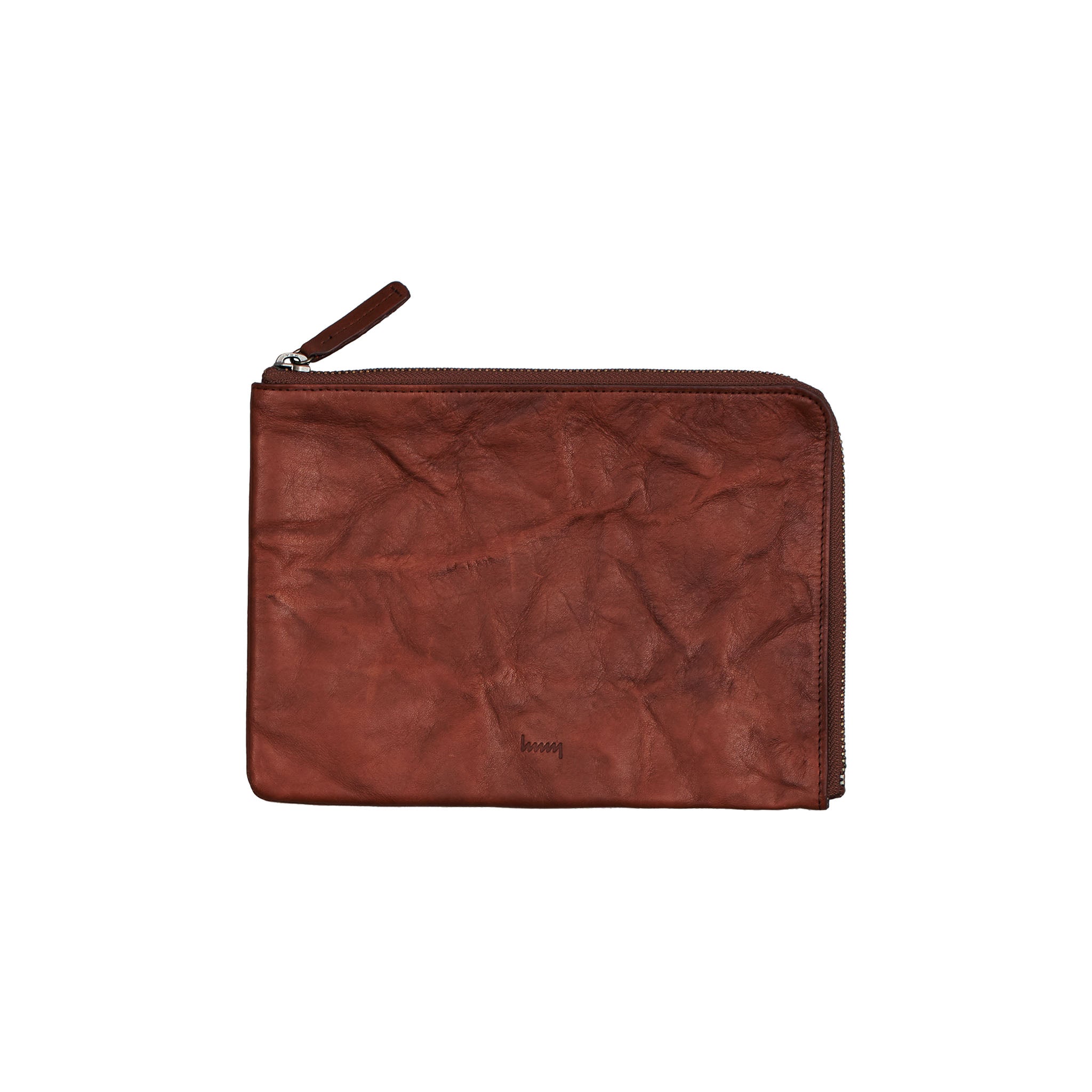 hmny's brown 10 mile bag with a zipper on a white background