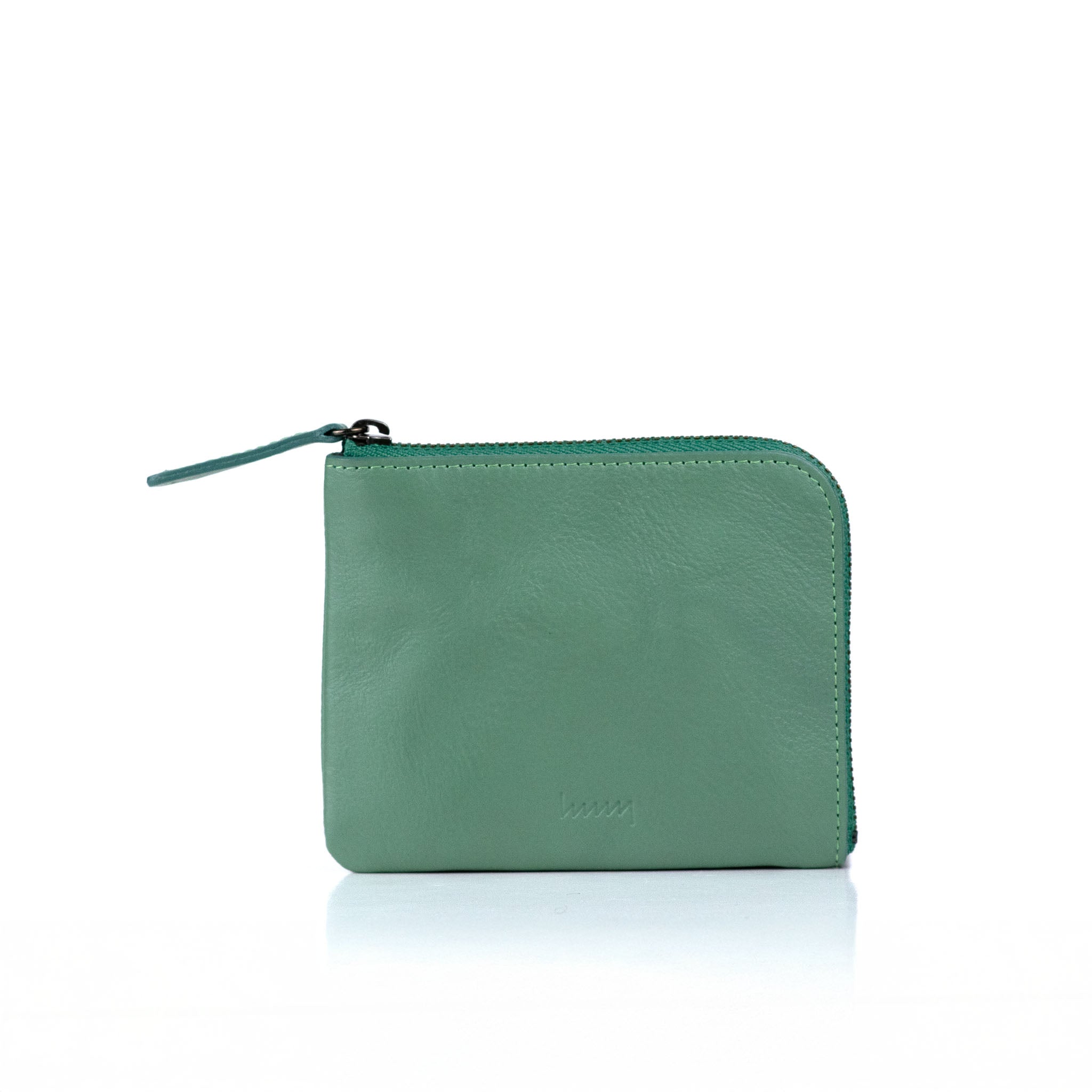 hmny's compact wallet in green on a white background