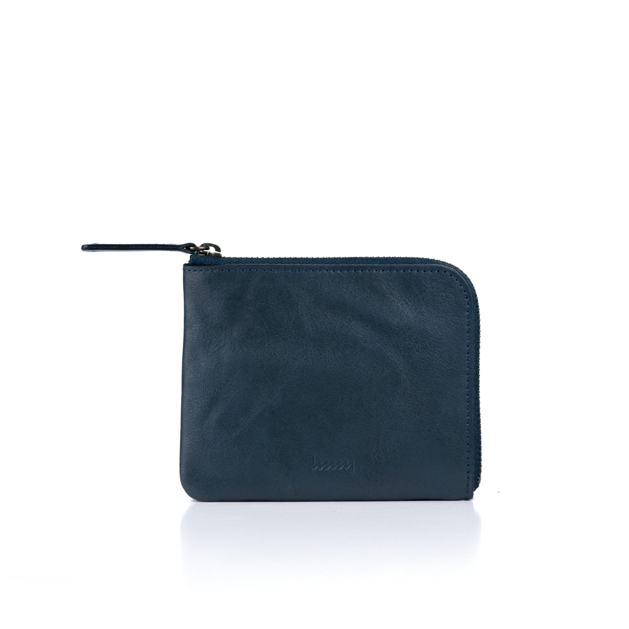 hmny's compact wallet in navy on a white background
