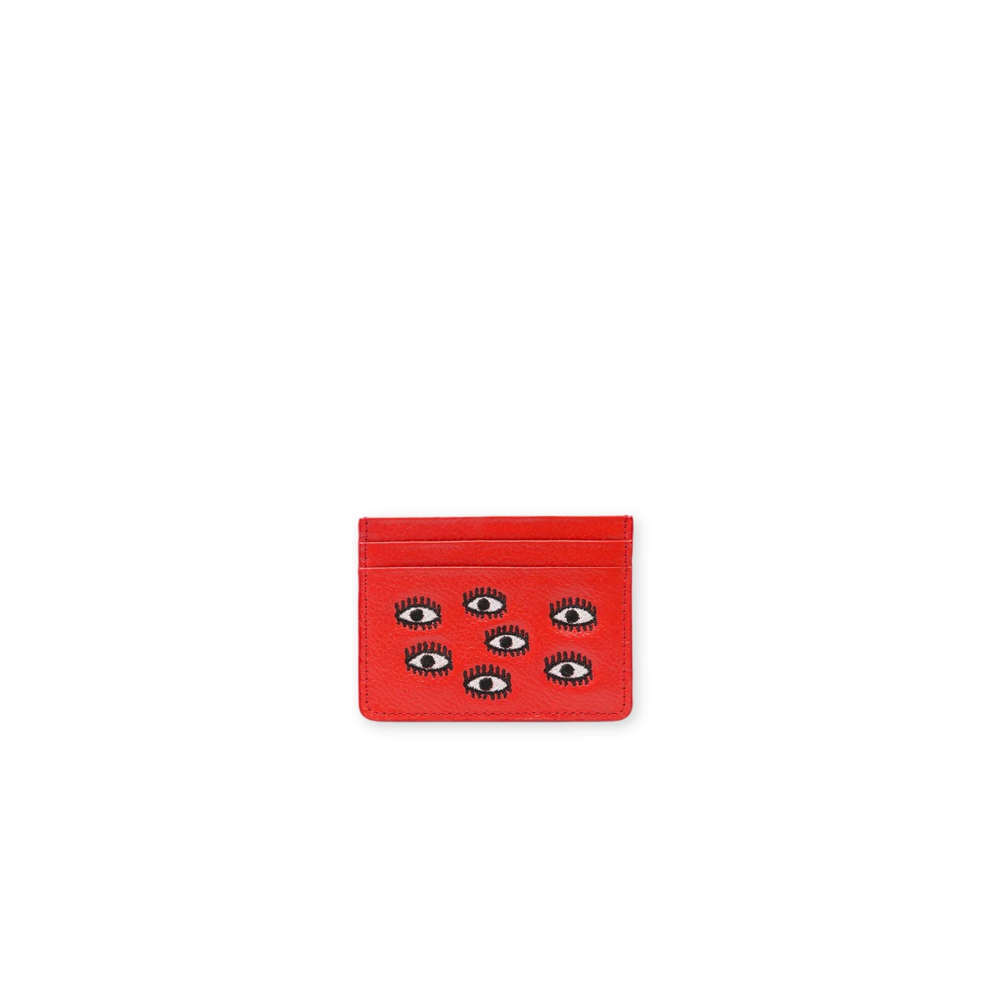 Min & Mon's Filium Poppy Red Leather Cardholder - All Over Eyes Embroidery