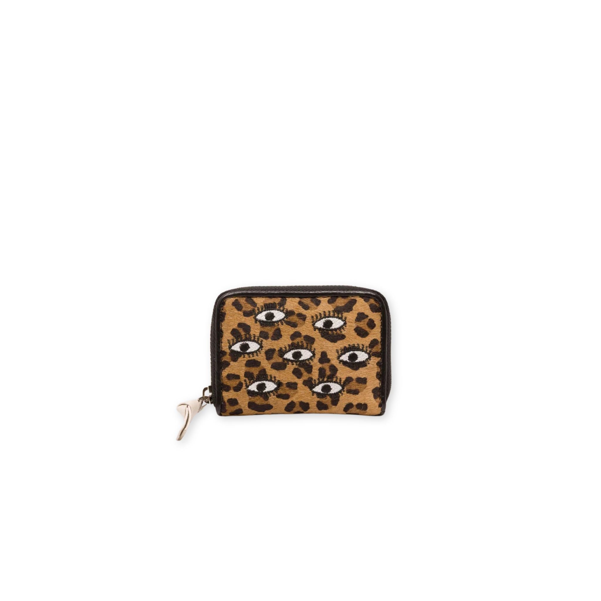Min & Mon' Frodo Animal Print Leather Zip Around Wallet - All Over Eyes Embroidery