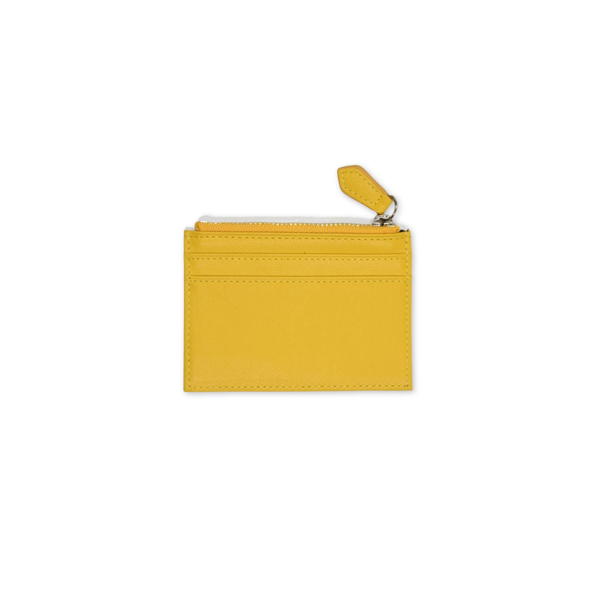 Yellow zippered card case on a white background