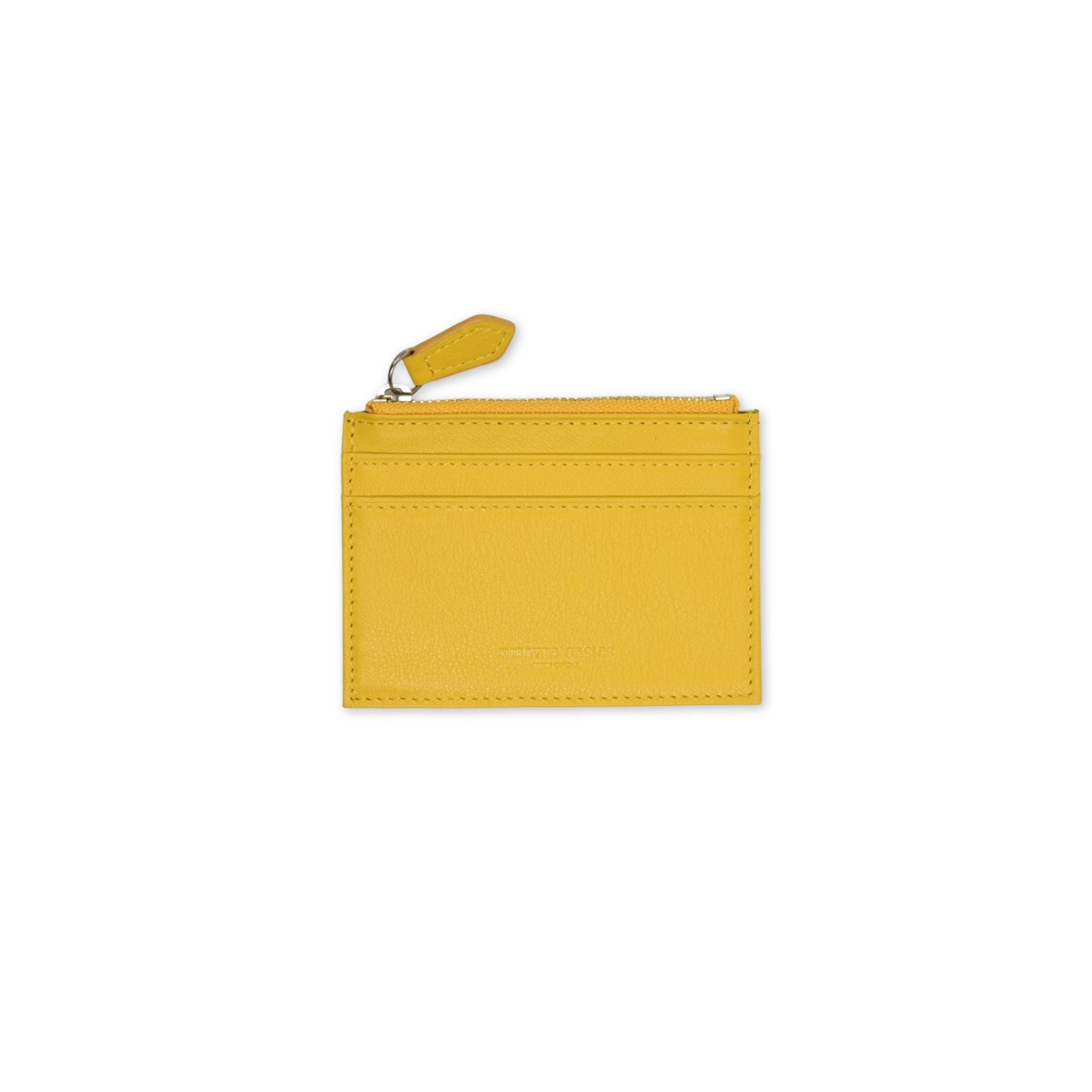 Yellow zippered card case on a white background