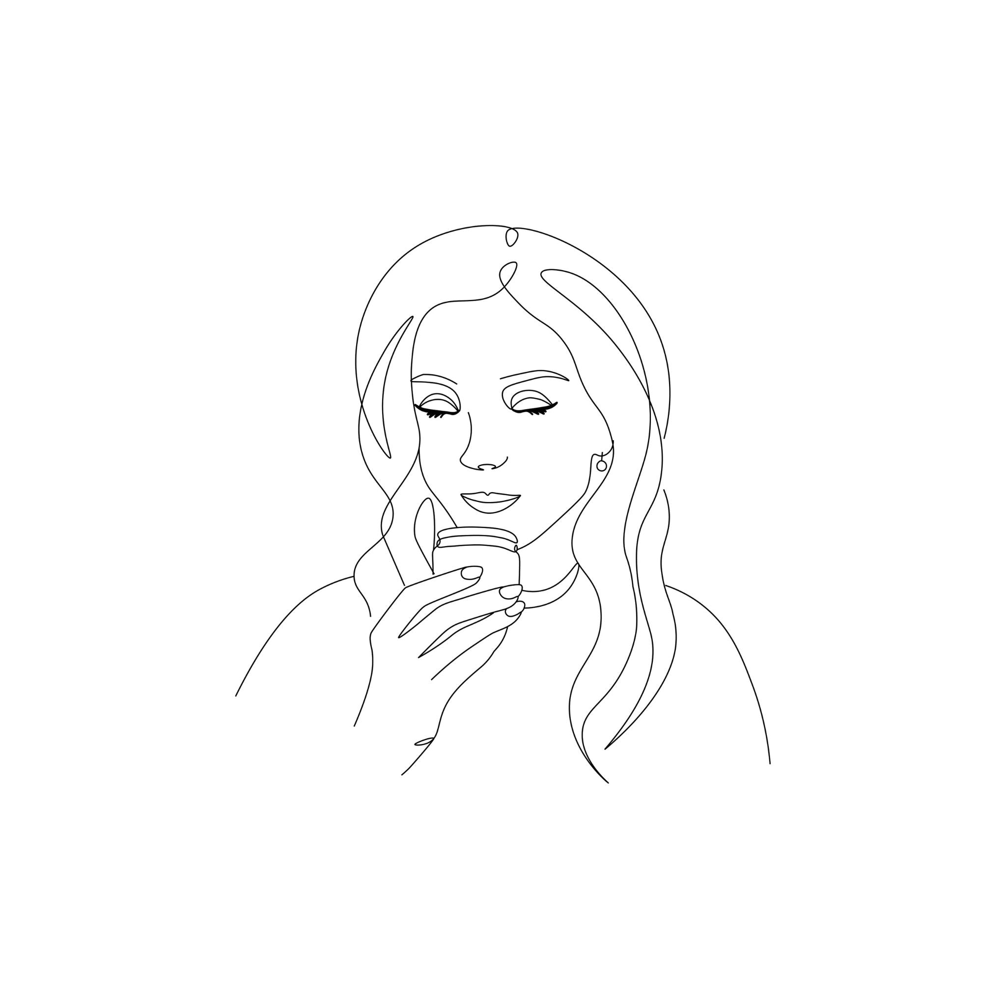 A sketch of a woman inhaling aromatherapy inhaler.