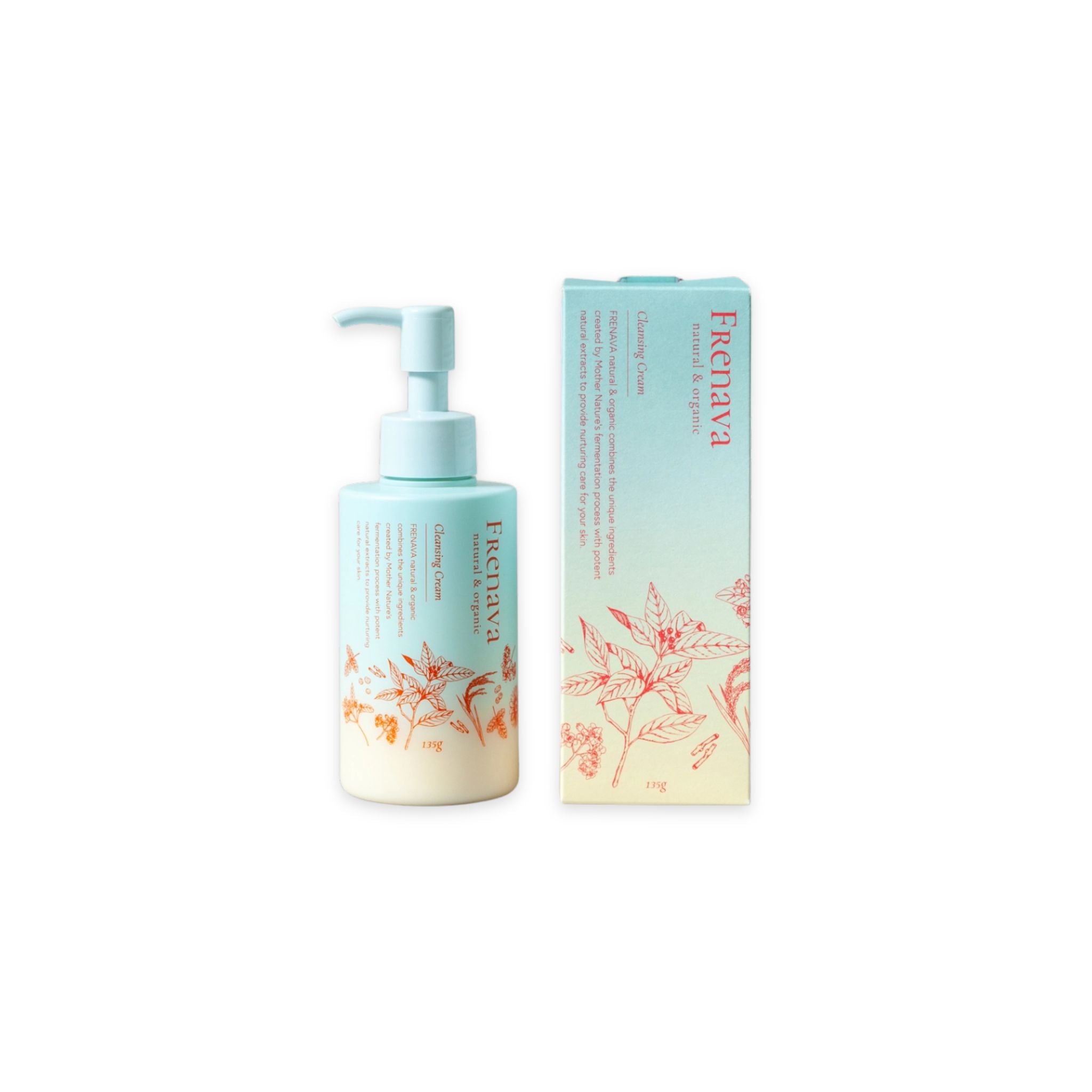 Full view of the Frenava cleansing cream bottle next to packaging box on a white background