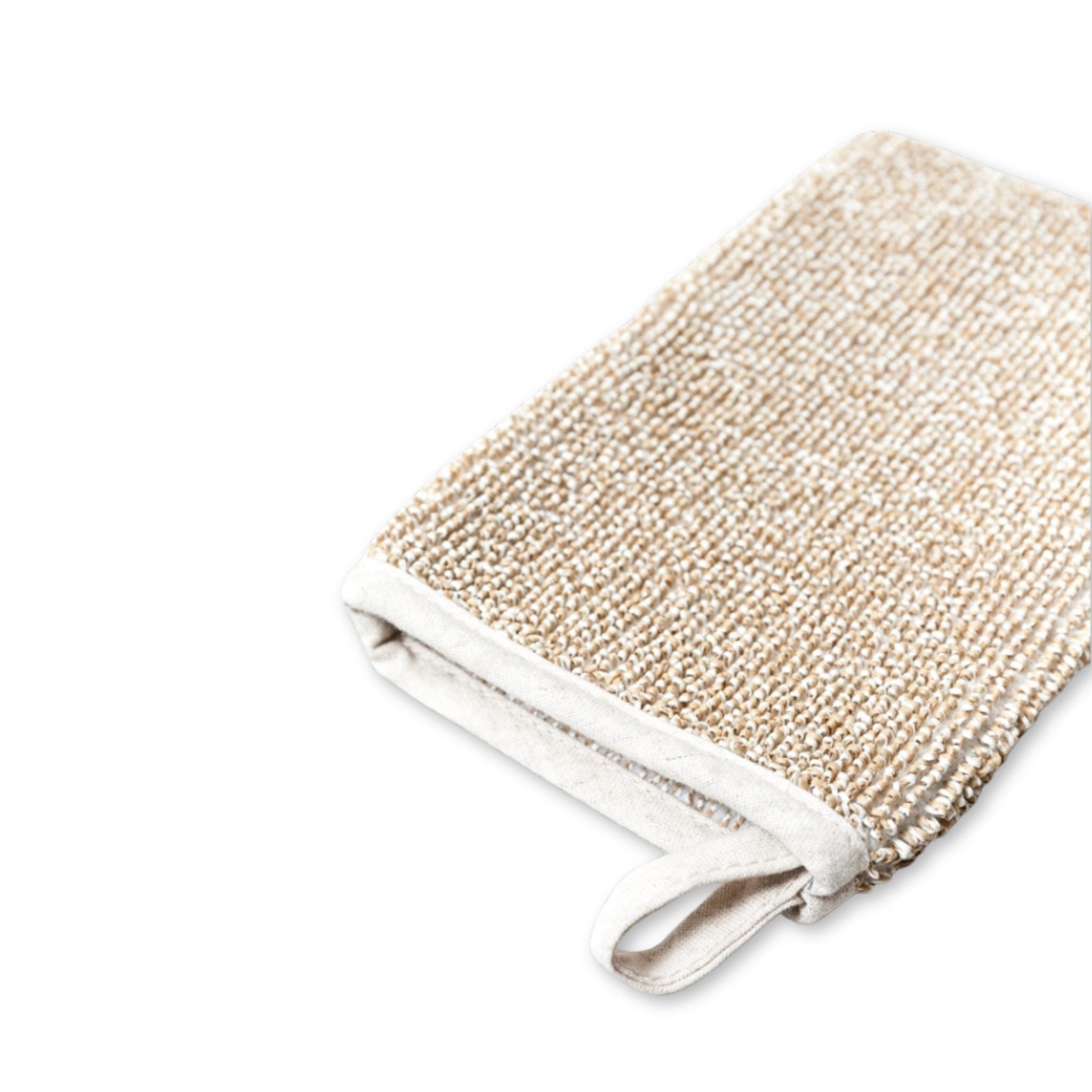 Textured Sasawashi body-scrub mitt on a white background