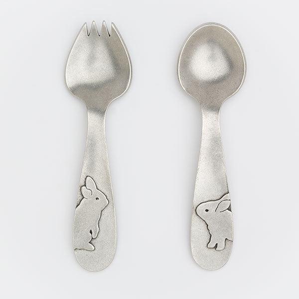 image of beehive silver spoon and fork set with rabbit design