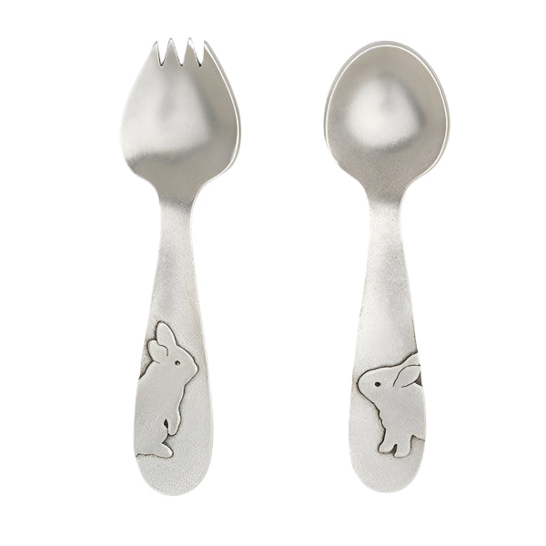 image of beehive silver spoon and fork set with rabbit design