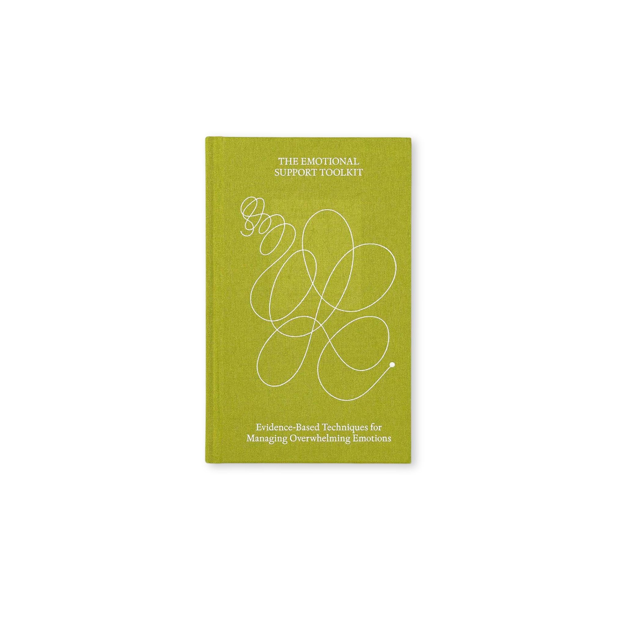 Green notebook titled 'The Emotional Support Toolkit' on a white background