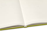 Open notebook with green binding on a white background