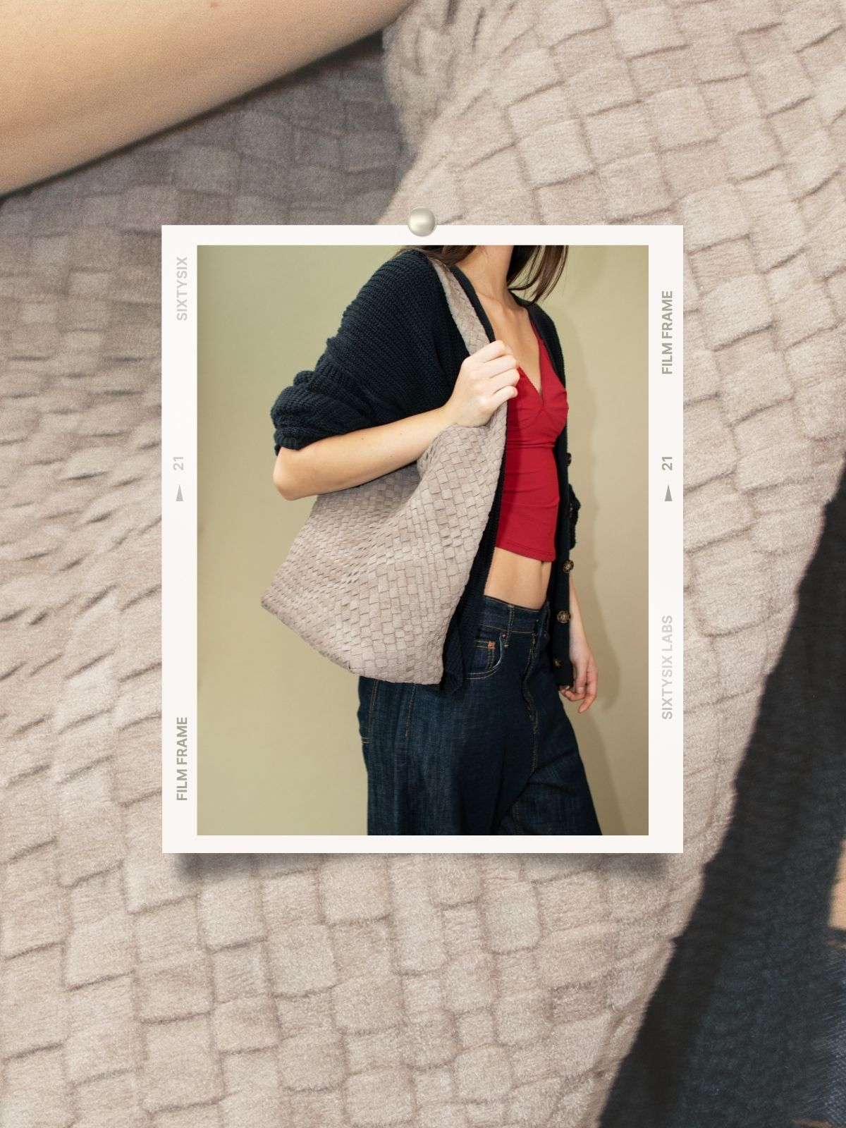 Model holding the Johanna Vegan Suede in clay with a smaller inset showing a person wearing the bag.