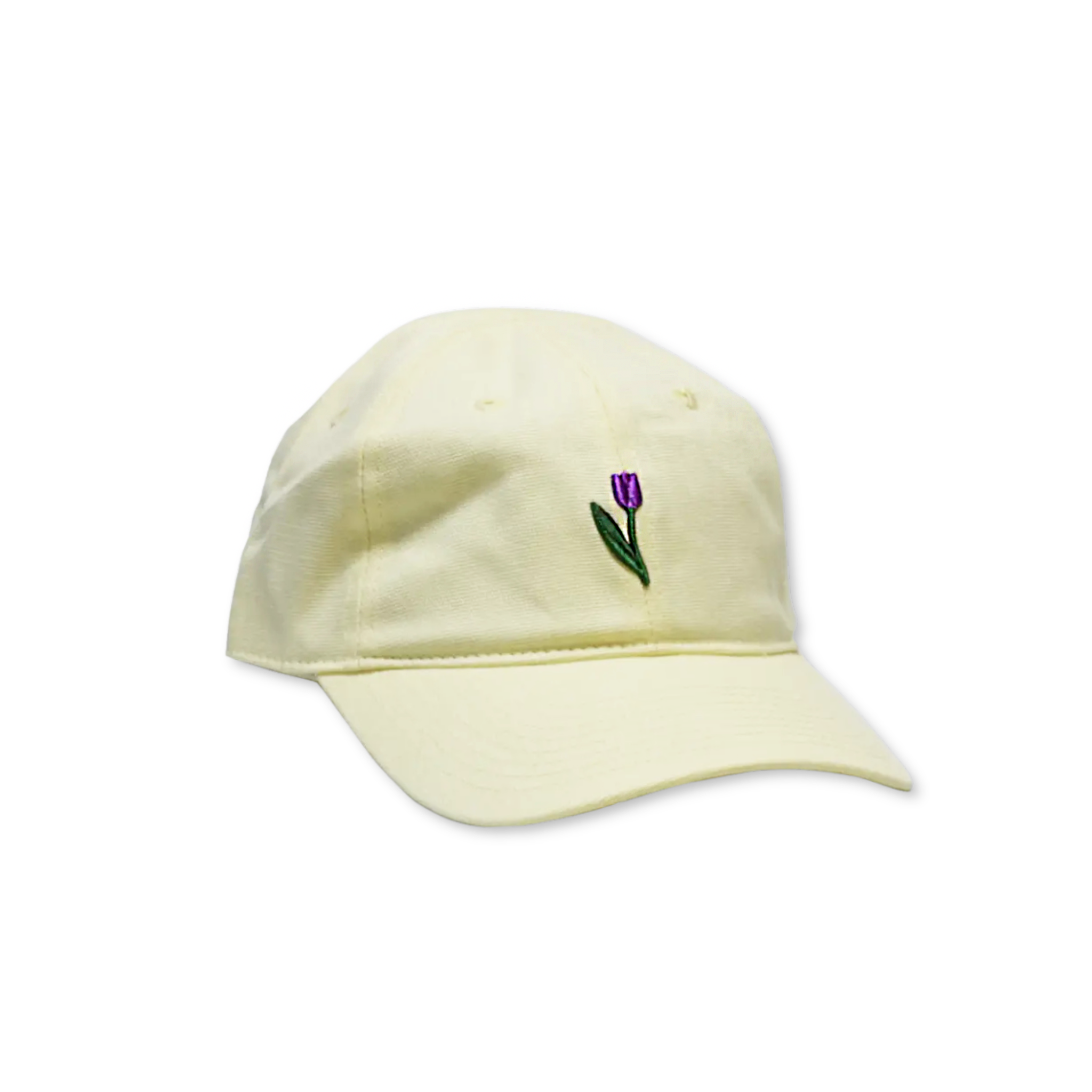 Light yellow cap with a purple tulip embroidered on a white background
