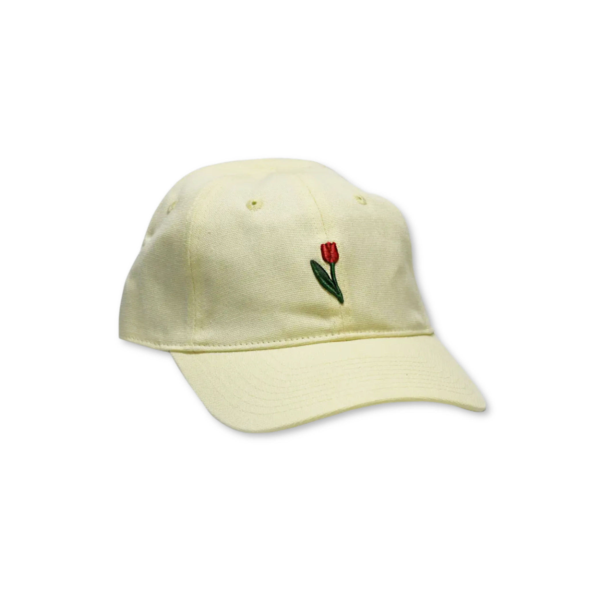 Light yellow cap with a red tulip embroidered on a white background