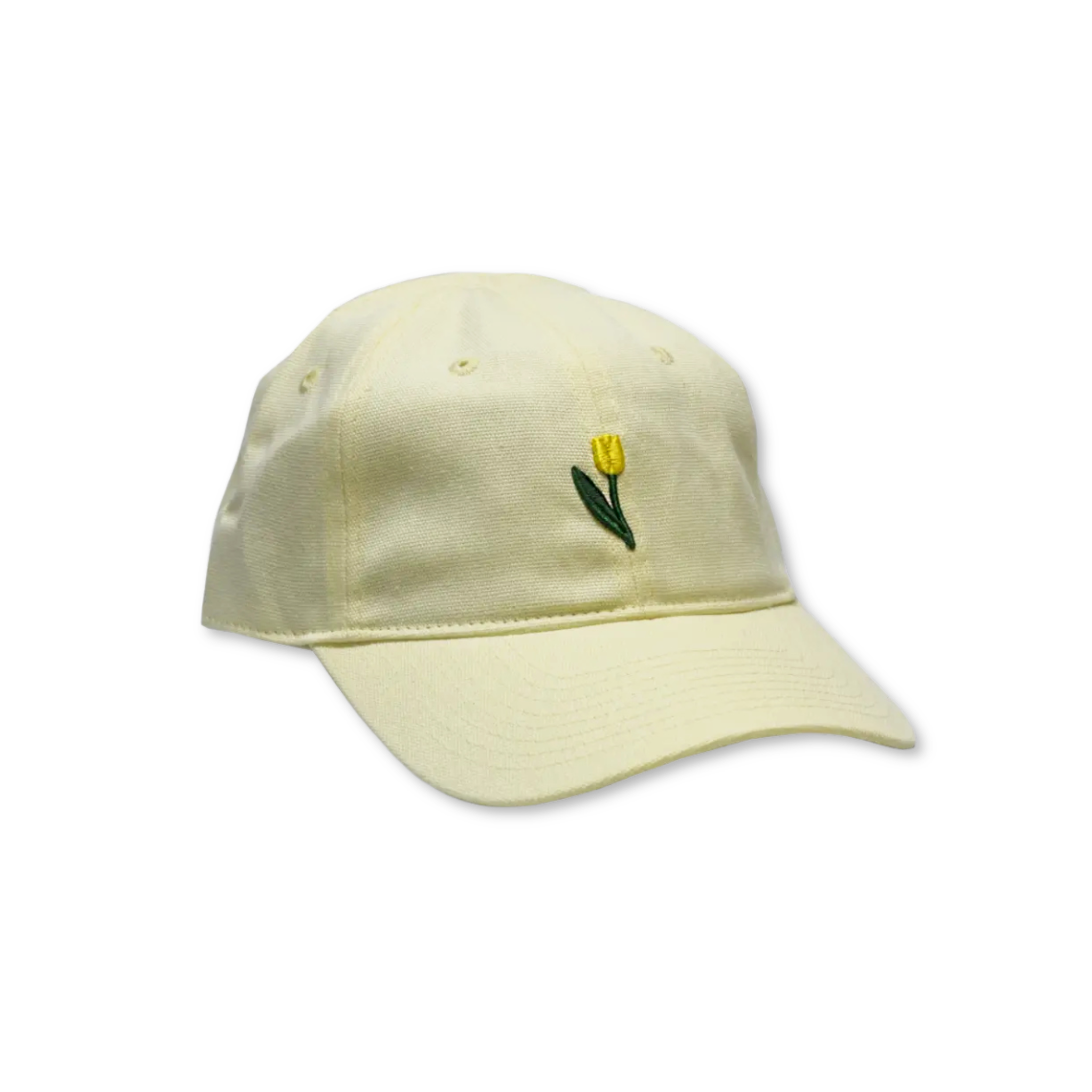 Light yellow cap with a yellow tulip embroidered on a white background