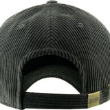 Back view of dark gray corduroy cap with a gold tag on a white background