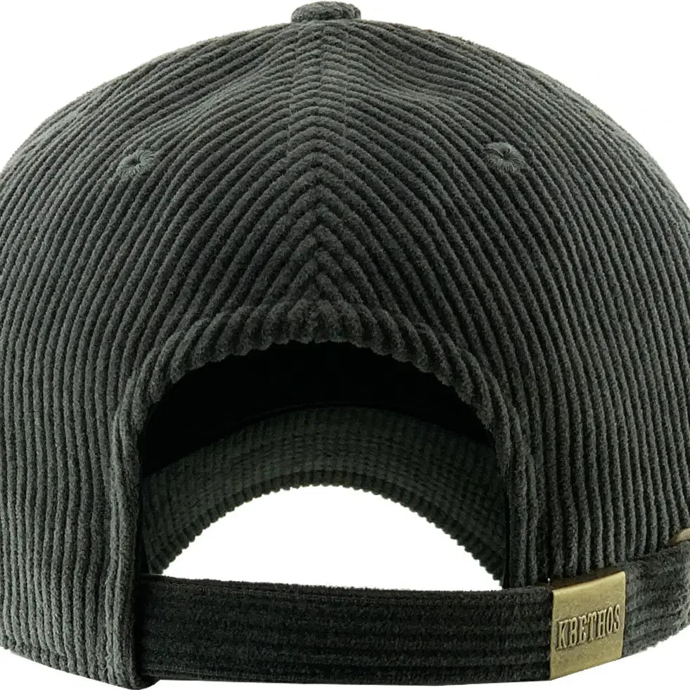 Back view of dark gray corduroy cap with a gold tag on a white background