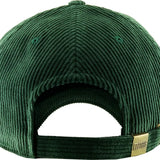 Backview of green corduroy cap with a gold tag on a white background
