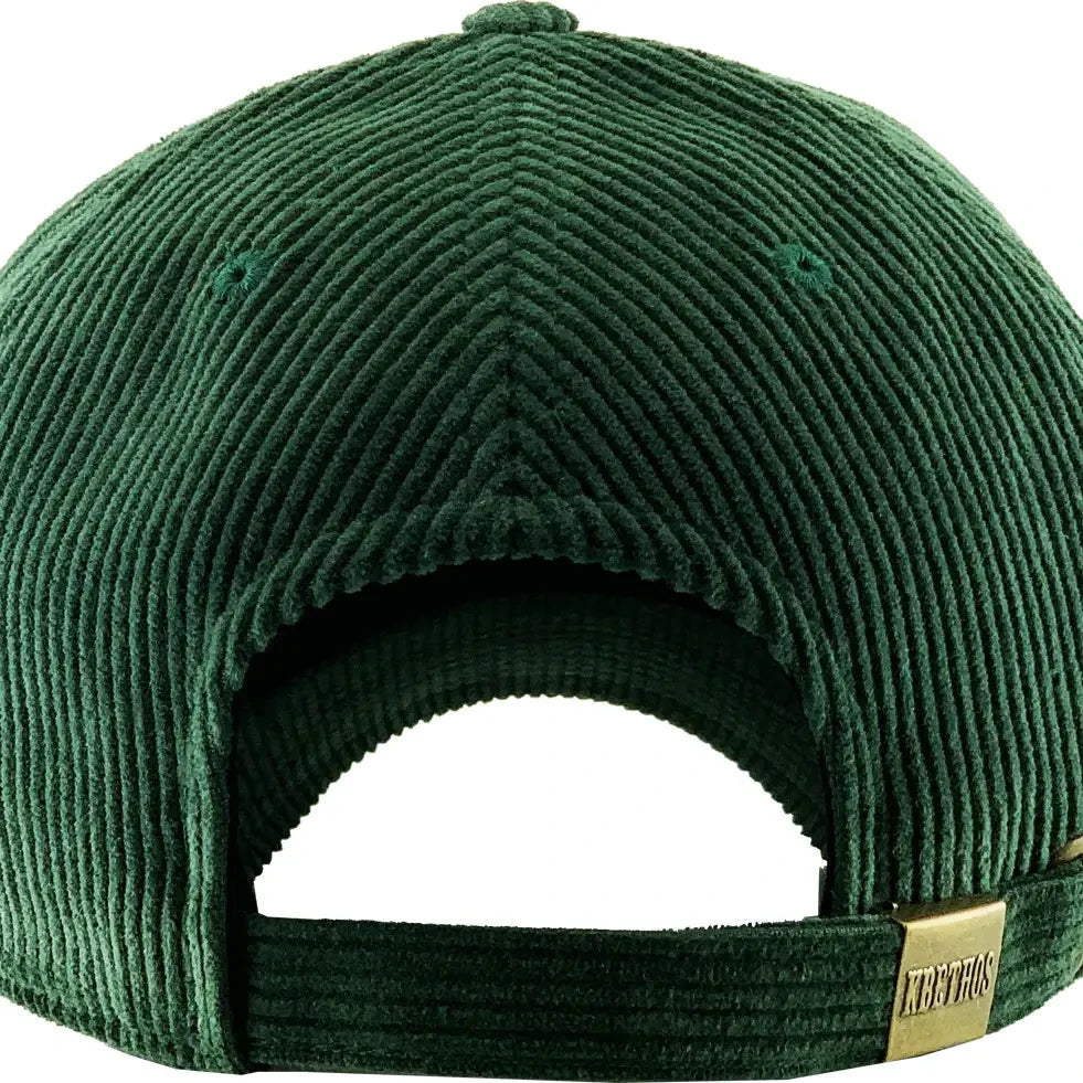 Backview of green corduroy cap with a gold tag on a white background